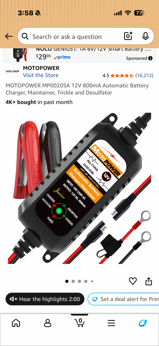 MOTOPOWER MP00205A 12V 800mA Automatic Battery Charger, Maintainer, Trickle and Desulfator