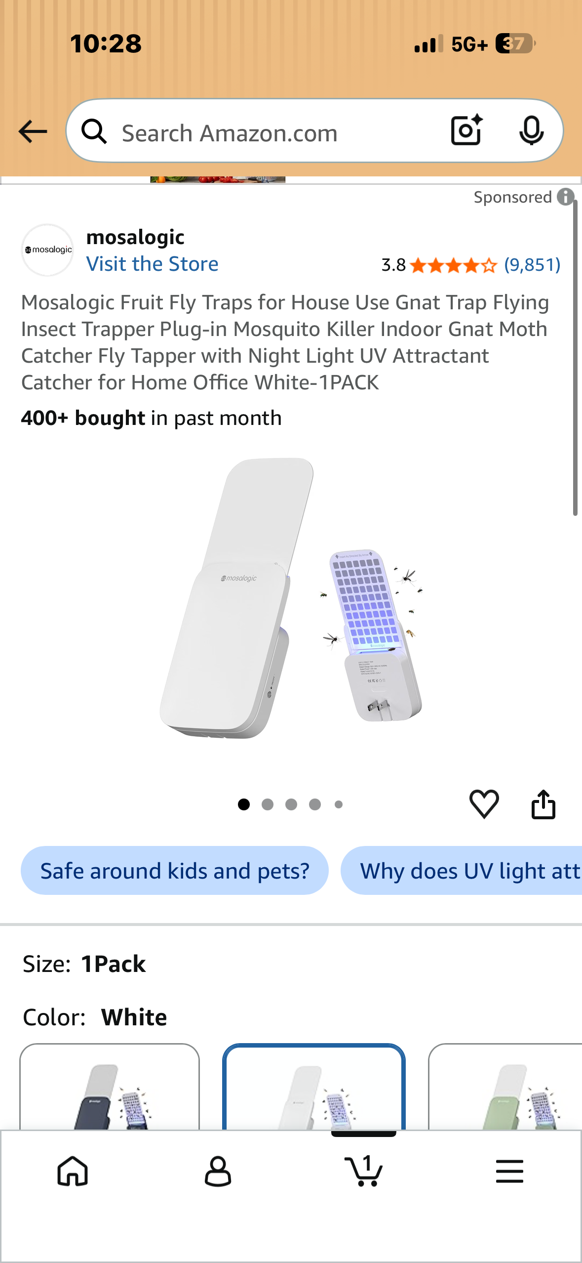 Flying Insect Trapper Plug-in Mosquito Killer Indoor Gnat Moth Catcher Fly Tapper with Night Light UV Attractant Catcher for Home Office White-1PACK