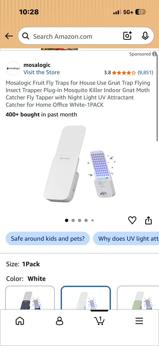Flying Insect Trapper Plug-in Mosquito Killer Indoor Gnat Moth Catcher Fly Tapper with Night Light UV Attractant Catcher for Home Office White-1PACK