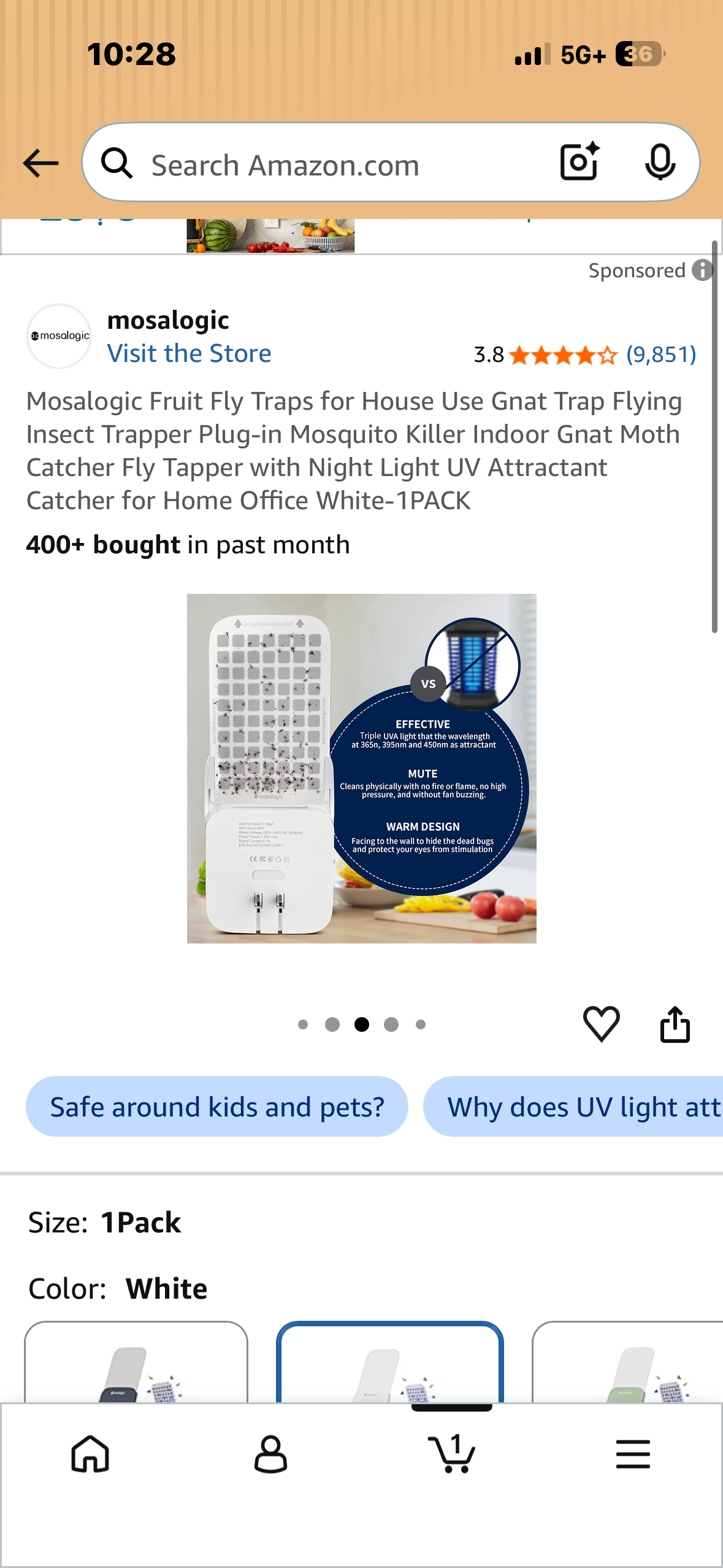 Flying Insect Trapper Plug-in Mosquito Killer Indoor Gnat Moth Catcher Fly Tapper with Night Light UV Attractant Catcher for Home Office White-1PACK