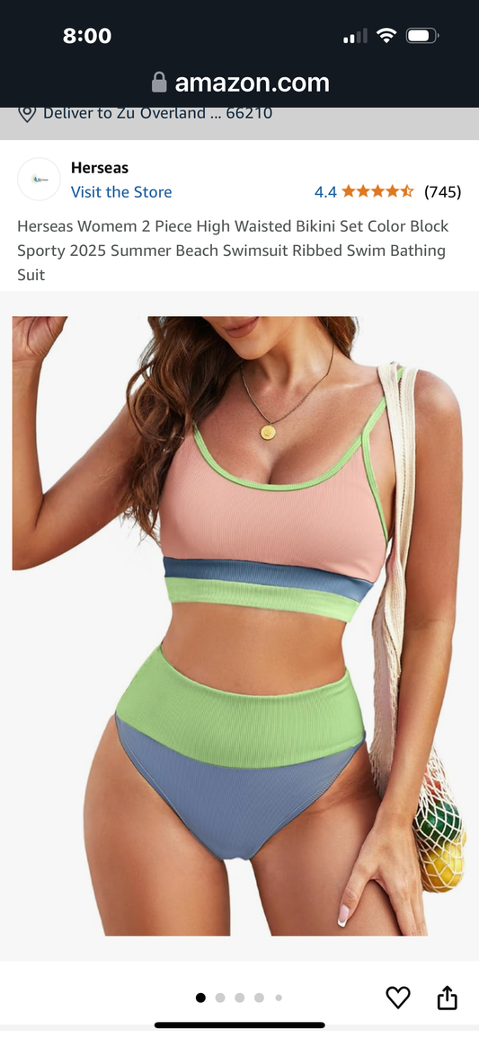Herseas Womem 2 Piece High Waisted Bikini Set Color Block Sporty 2025 Summer Beach Swimsuit Ribbed Swim Bathing Suit Size XXL