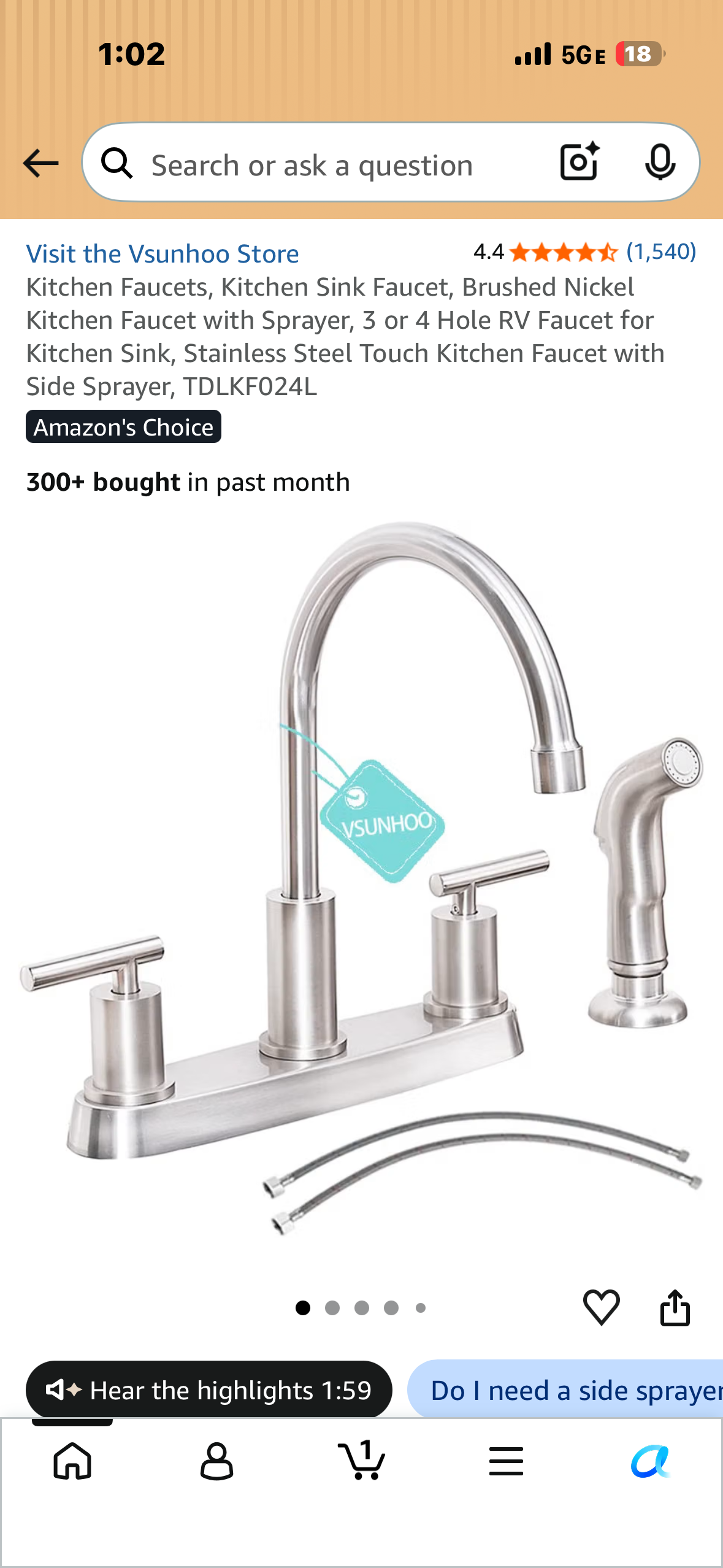 Kitchen Sink Faucet, Brushed Nickel Kitchen Faucet with Sprayer, 3 or 4 Hole Faucet for Kitchen Sink, Stainless Steel Touch Kitchen Faucet with Side Sprayer