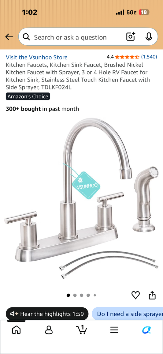 Kitchen Sink Faucet, Brushed Nickel Kitchen Faucet with Sprayer, 3 or 4 Hole Faucet for Kitchen Sink, Stainless Steel Touch Kitchen Faucet with Side Sprayer