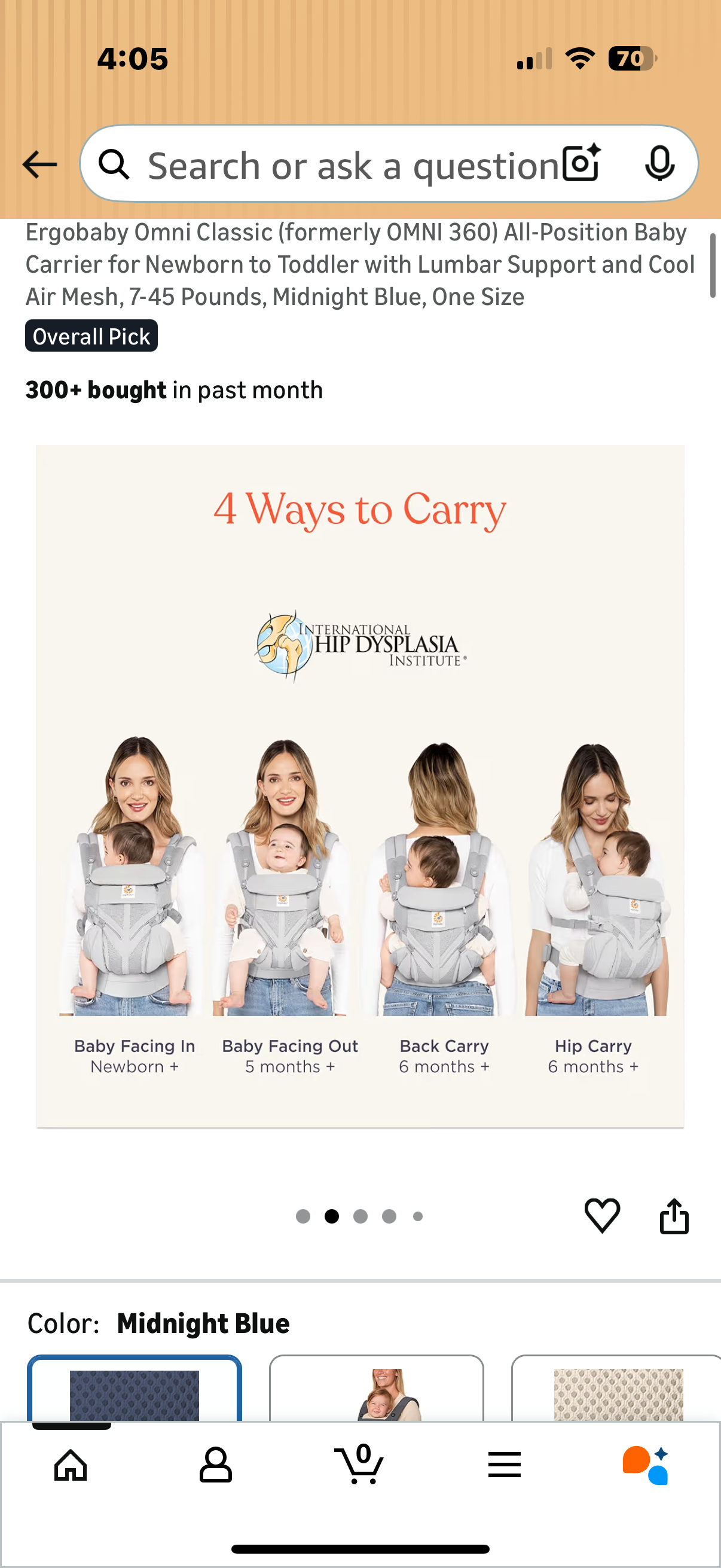 Ergobaby Omni Classic (formerly OMNI 360) All-Position Baby Carrier for Newborn to Toddler with Lumbar Support and Cool Air Mesh, 7-45 Pounds, Midnight Blue, One Size of