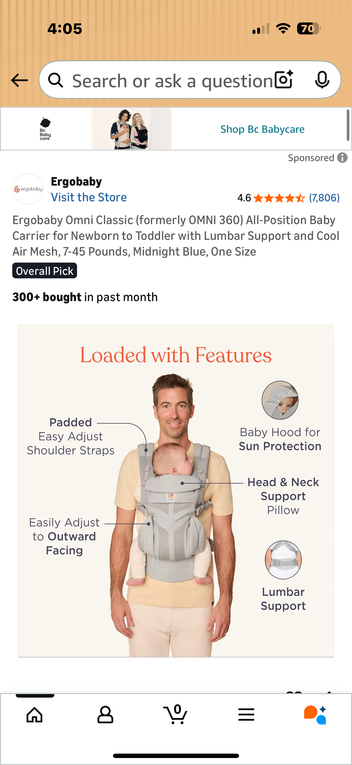 Ergobaby Omni Classic (formerly OMNI 360) All-Position Baby Carrier for Newborn to Toddler with Lumbar Support and Cool Air Mesh, 7-45 Pounds, Midnight Blue, One Size of