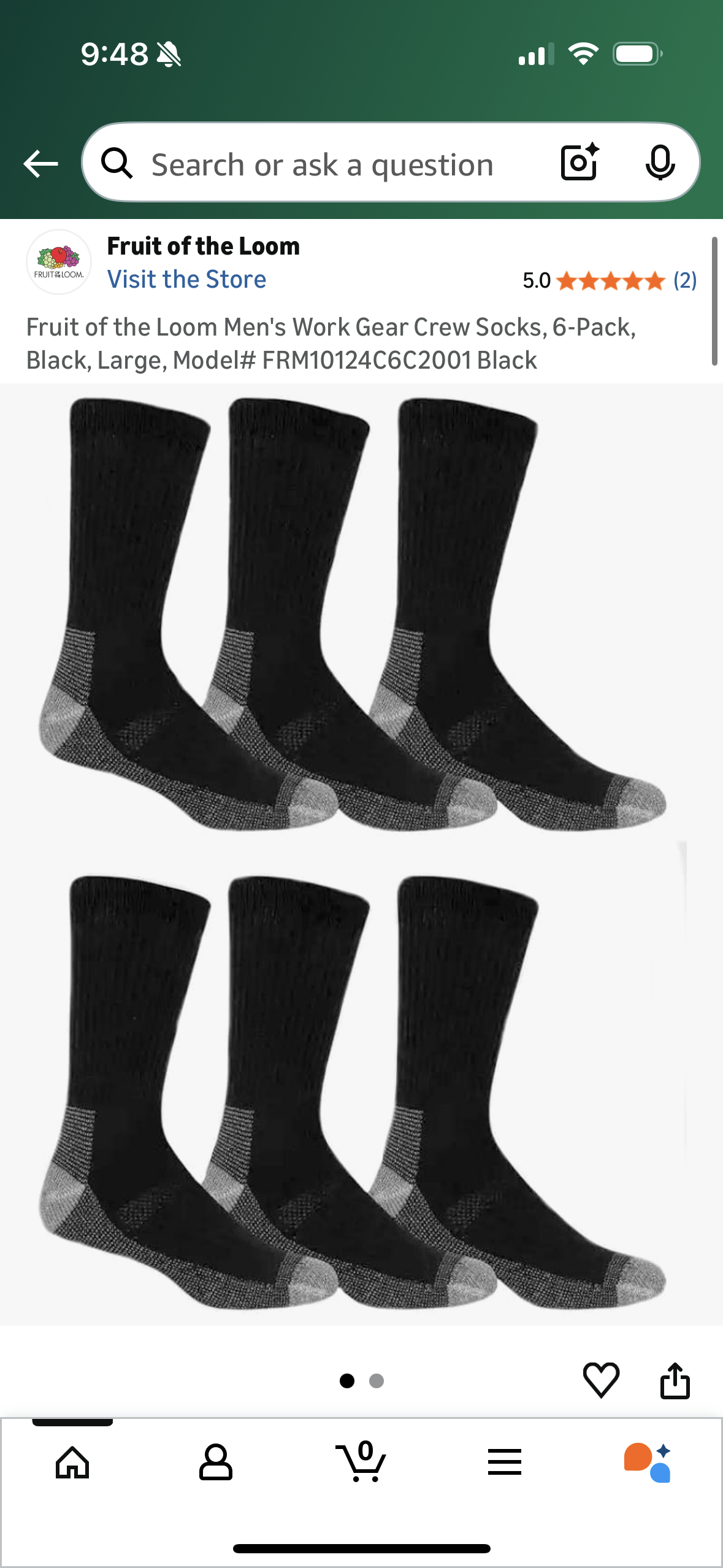 Fruit of the Loom Men's Work Gear Crew Socks, 6-Pack, Black, Large, Model# FRM10124C6C2001 Black