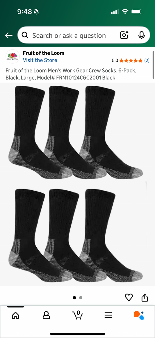 Fruit of the Loom Men's Work Gear Crew Socks, 6-Pack, Black, Large, Model# FRM10124C6C2001 Black