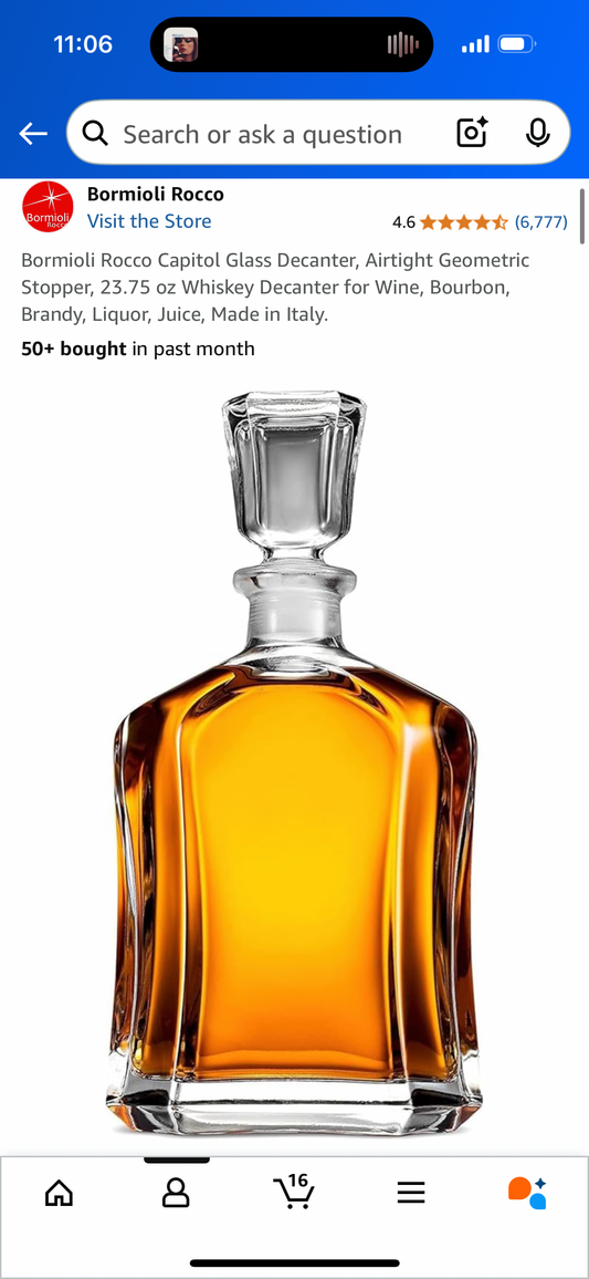 Bormioli Rocco Capitol Glass Decanter, Airtight Geometric Stopper, 23.75 oz Whiskey Decanter for Wine, Bourbon, Brandy, Liquor, Juice, Made in Italy.
