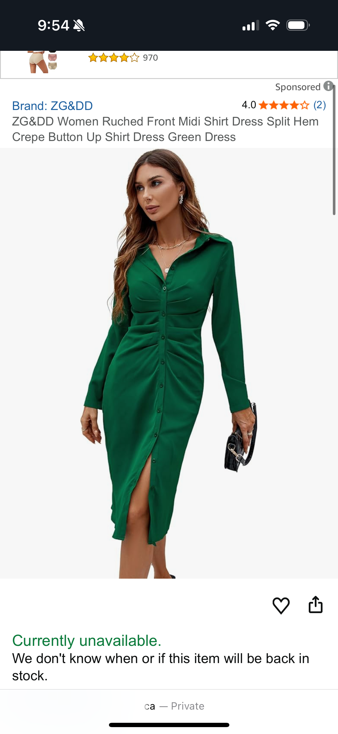 Women Ruched Front Midi Dress Button Up Green Dress (Size Small)