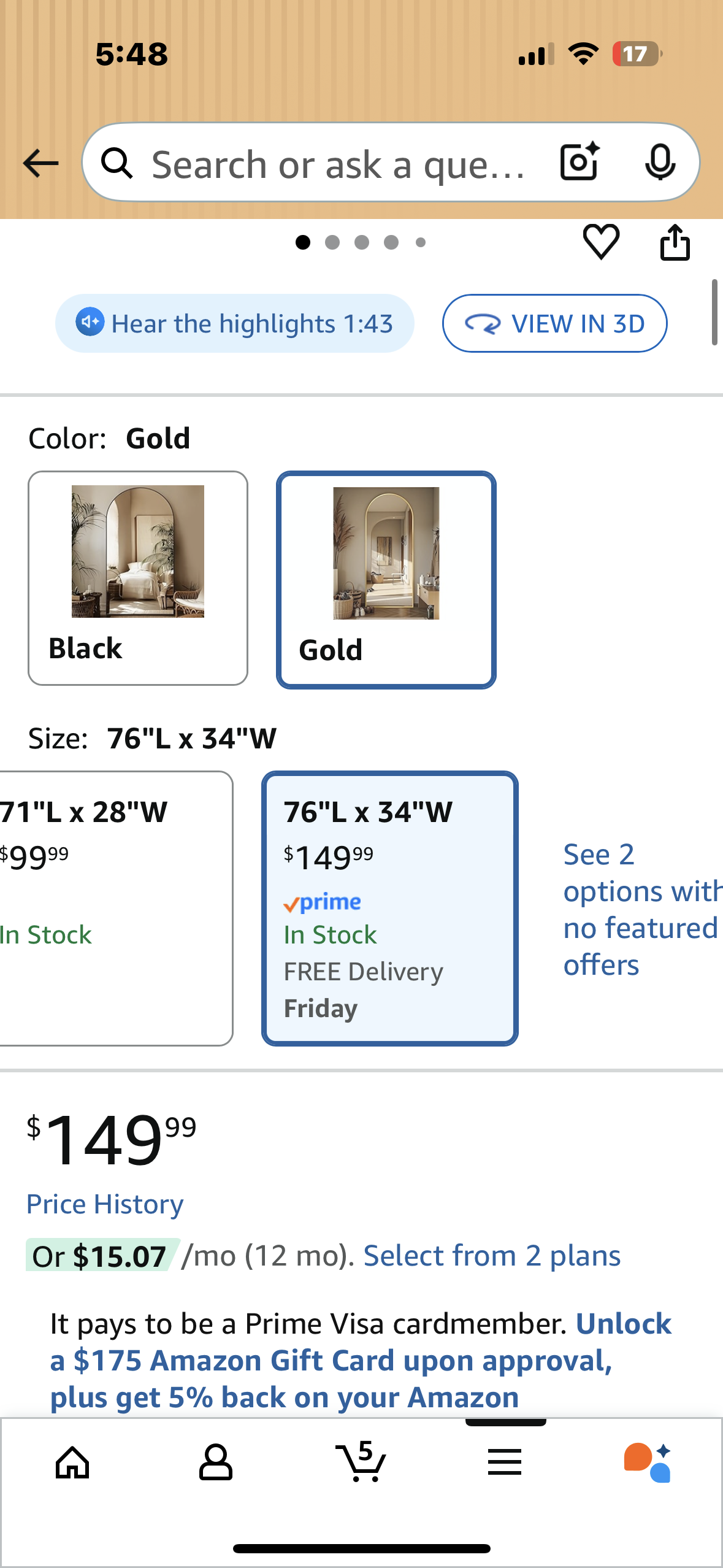 Full Length Mirror, 76"x34" Oversized Gold Arched Mirror for Bedroom, Living Room, Aluminum Frame, Gold (M402)