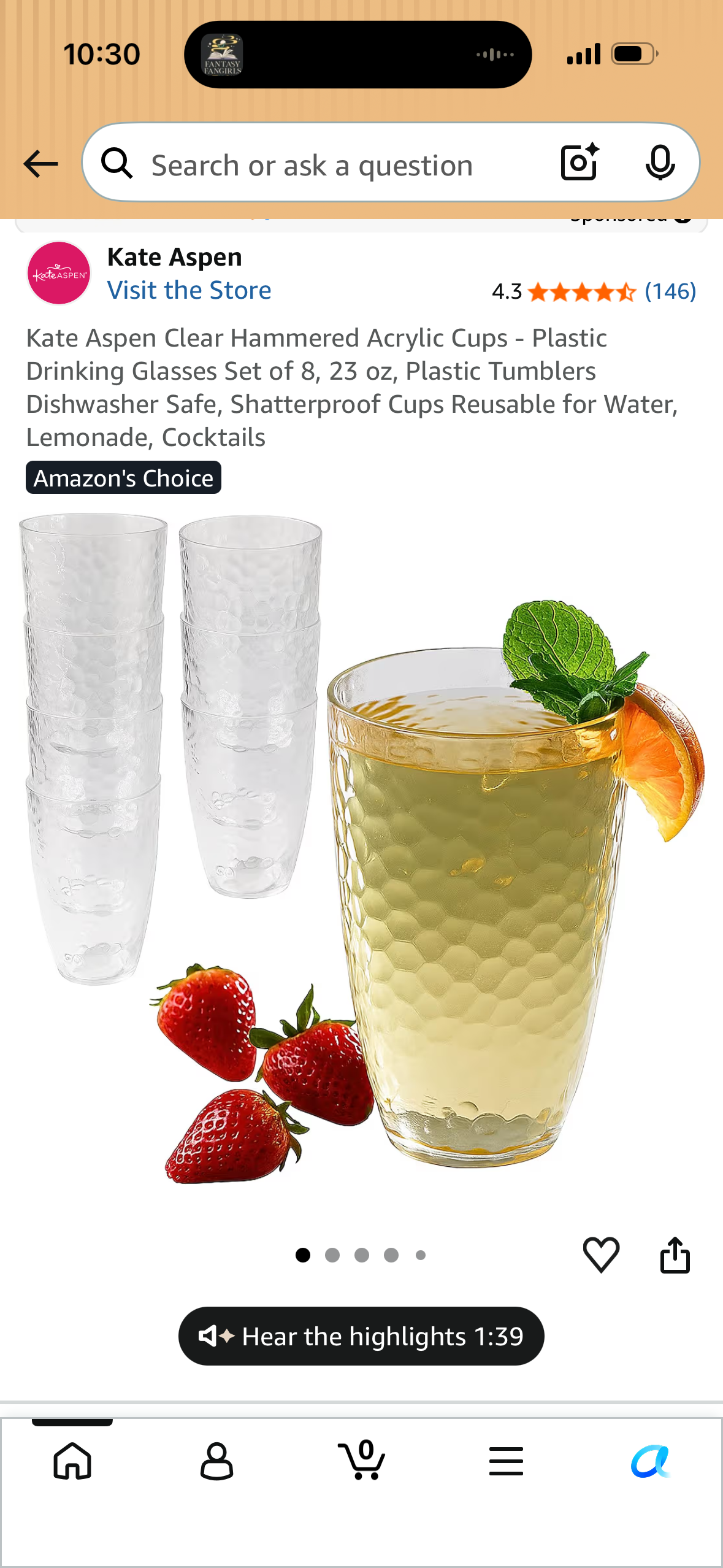 Kate Aspen Clear Hammered Acrylic Cups - Plastic Drinking Glasses Set of 8, 23 oz, Plastic Tumblers Dishwasher Safe, Shatterproof Cups Reusable for Water, Lemonade, Cocktails