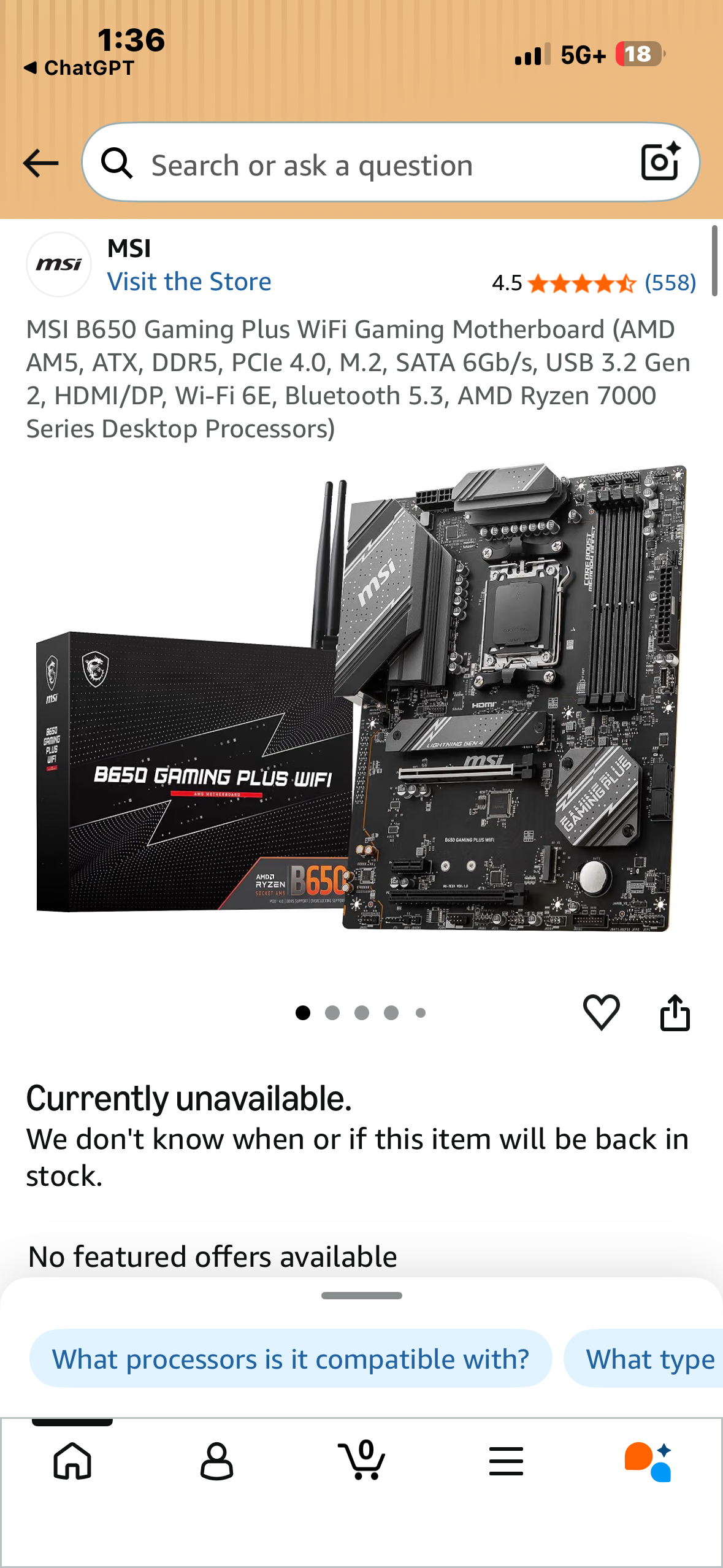 MSI B650 Gaming Plus WiFi Gaming Motherboard (AMD AM5, ATX, DDR5, PCle 4.0, M.2, SATA 6Gb/s, USB 3.2 Gen 2, HDMI/DP, Wi-Fi 6E, Bluetooth 5.3, AMD Ryzen 7000 Series Desktop Processors)