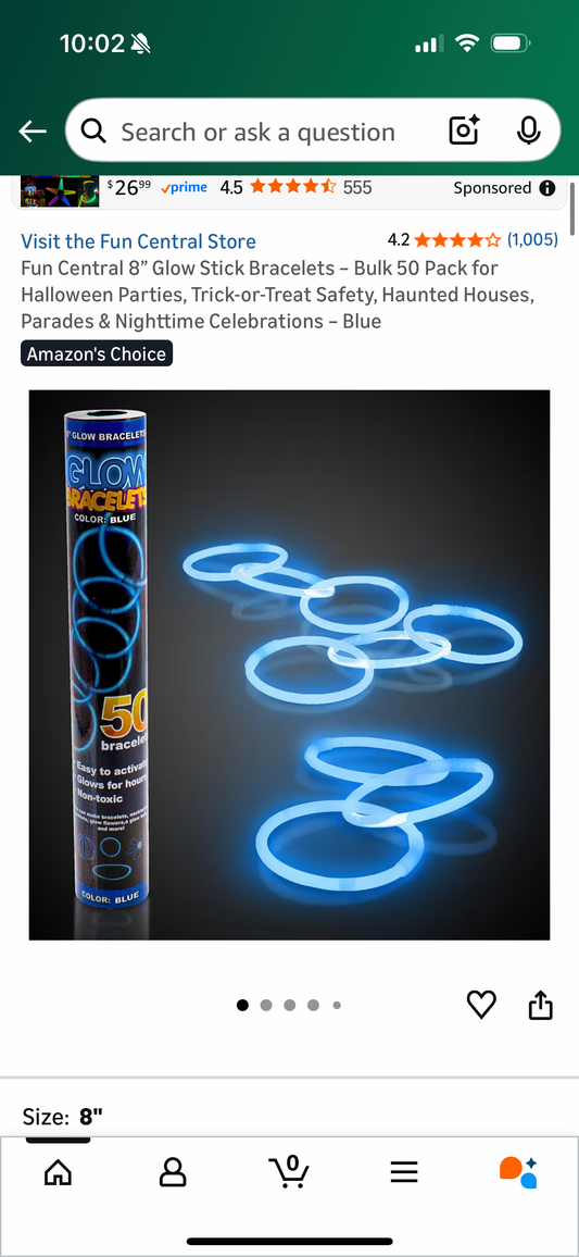 Fun Central 8” Glow Stick Bracelets – Bulk 50 Pack for Halloween Parties, Trick-or-Treat Safety, Haunted Houses, Parades & Nighttime Celebrations – Blue