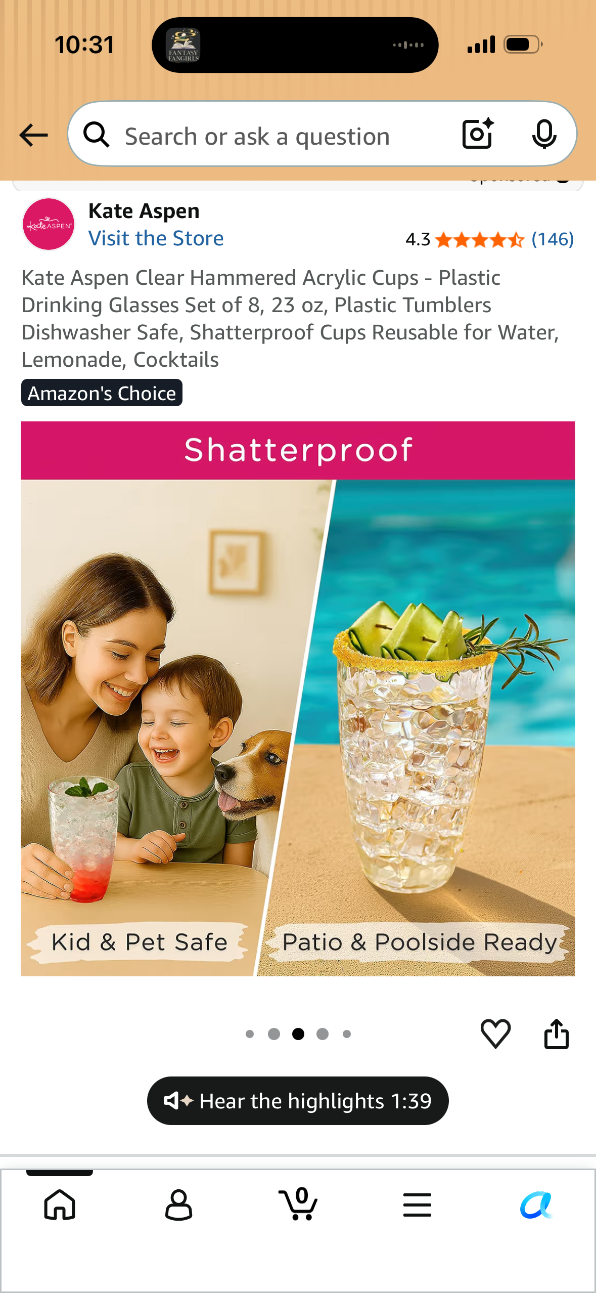 Kate Aspen Clear Hammered Acrylic Cups - Plastic Drinking Glasses Set of 8, 23 oz, Plastic Tumblers Dishwasher Safe, Shatterproof Cups Reusable for Water, Lemonade, Cocktails