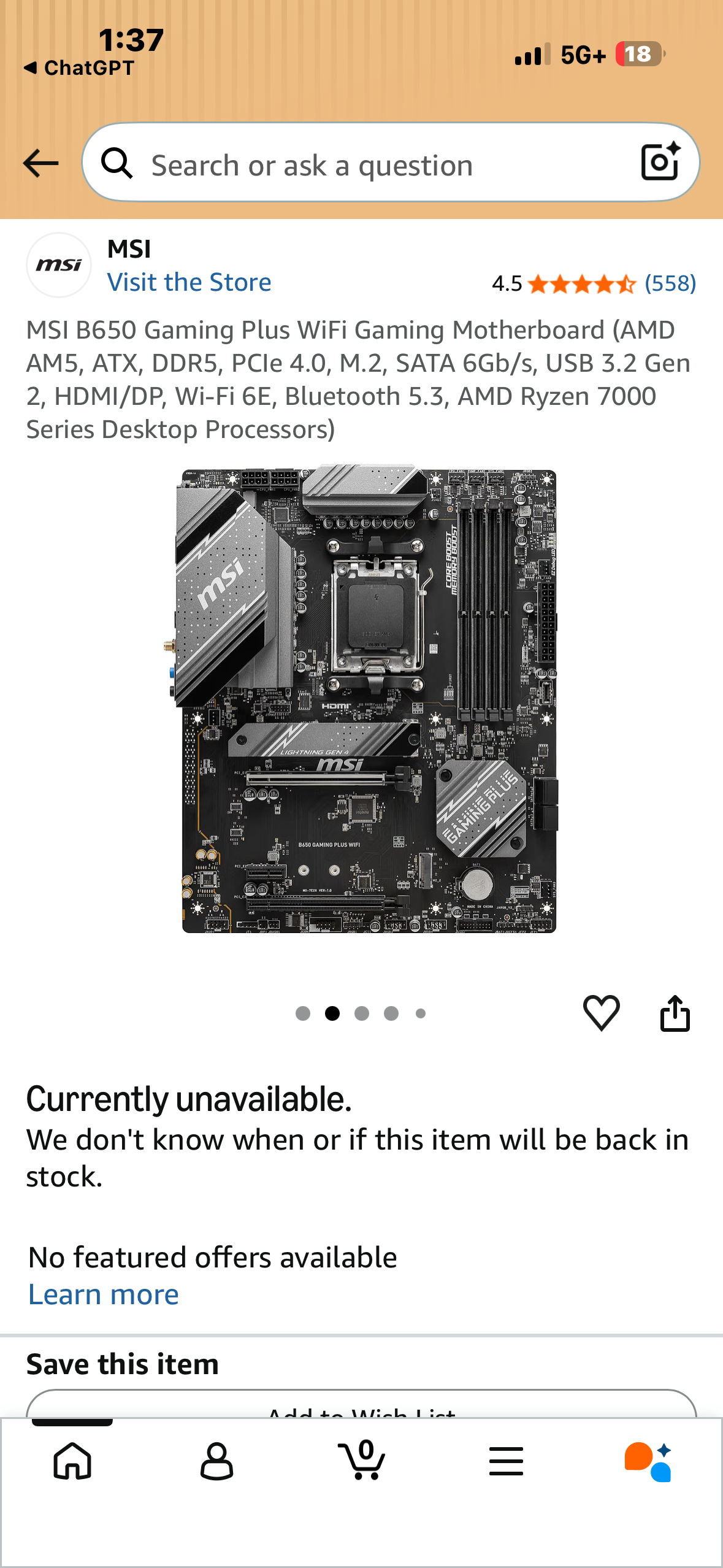 MSI B650 Gaming Plus WiFi Gaming Motherboard (AMD AM5, ATX, DDR5, PCle 4.0, M.2, SATA 6Gb/s, USB 3.2 Gen 2, HDMI/DP, Wi-Fi 6E, Bluetooth 5.3, AMD Ryzen 7000 Series Desktop Processors)