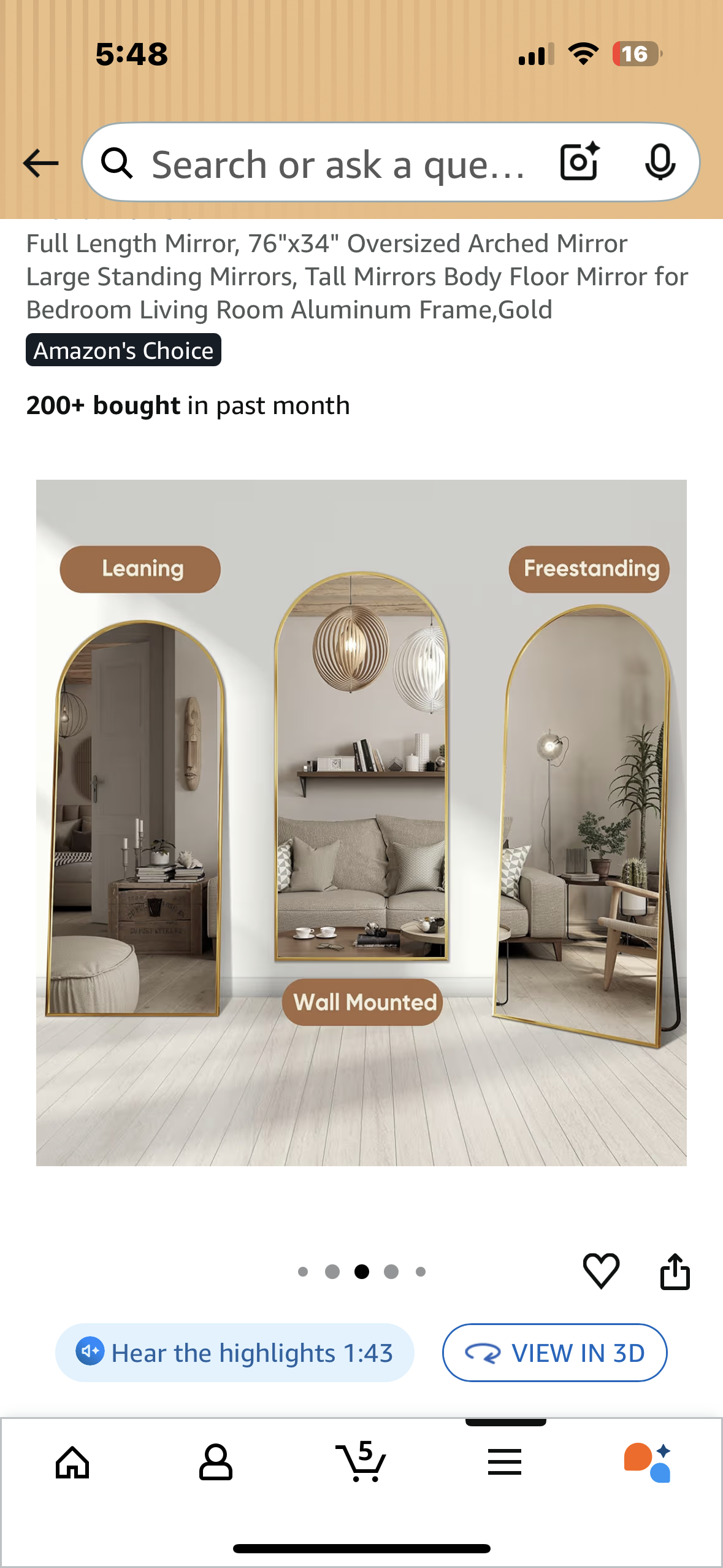 Full Length Mirror, 76"x34" Oversized Gold Arched Mirror for Bedroom, Living Room, Aluminum Frame, Gold (M402)