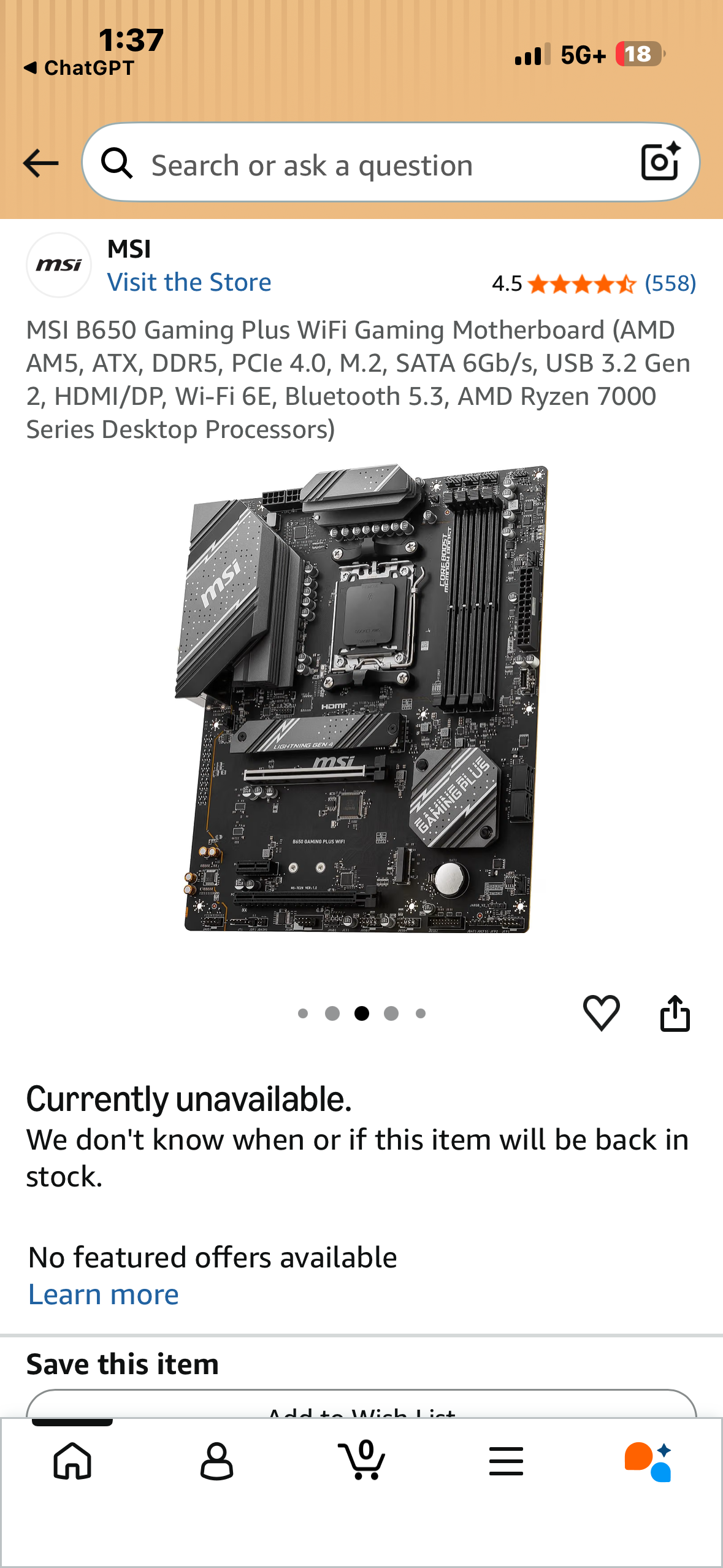 MSI B650 Gaming Plus WiFi Gaming Motherboard (AMD AM5, ATX, DDR5, PCle 4.0, M.2, SATA 6Gb/s, USB 3.2 Gen 2, HDMI/DP, Wi-Fi 6E, Bluetooth 5.3, AMD Ryzen 7000 Series Desktop Processors)