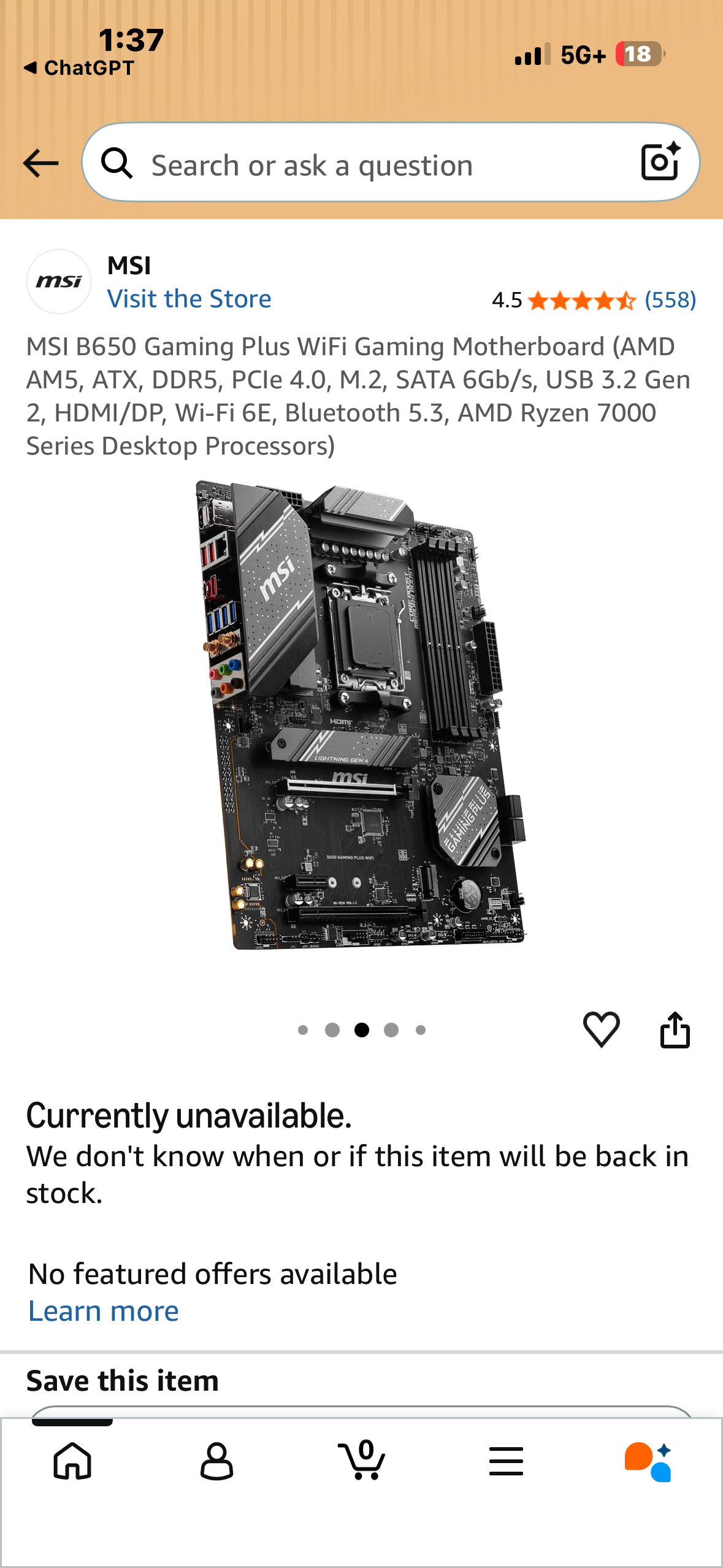 MSI B650 Gaming Plus WiFi Gaming Motherboard (AMD AM5, ATX, DDR5, PCle 4.0, M.2, SATA 6Gb/s, USB 3.2 Gen 2, HDMI/DP, Wi-Fi 6E, Bluetooth 5.3, AMD Ryzen 7000 Series Desktop Processors)