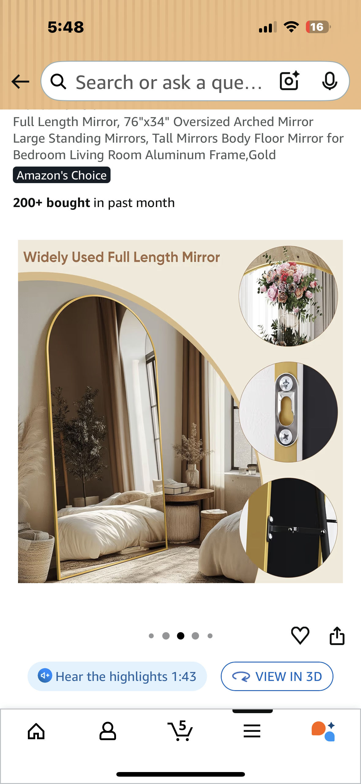 Full Length Mirror, 76"x34" Oversized Gold Arched Mirror for Bedroom, Living Room, Aluminum Frame, Gold (M402)