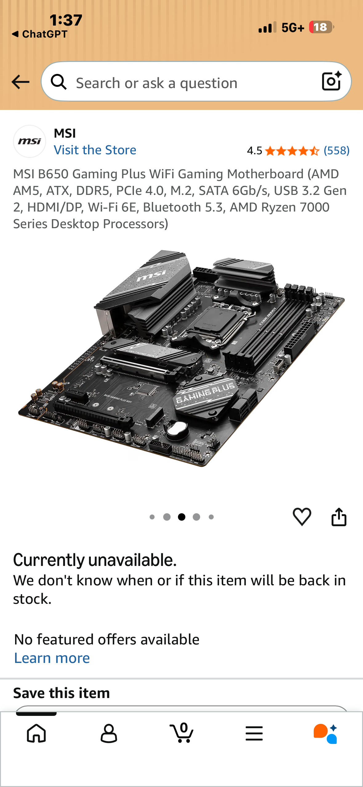 MSI B650 Gaming Plus WiFi Gaming Motherboard (AMD AM5, ATX, DDR5, PCle 4.0, M.2, SATA 6Gb/s, USB 3.2 Gen 2, HDMI/DP, Wi-Fi 6E, Bluetooth 5.3, AMD Ryzen 7000 Series Desktop Processors)