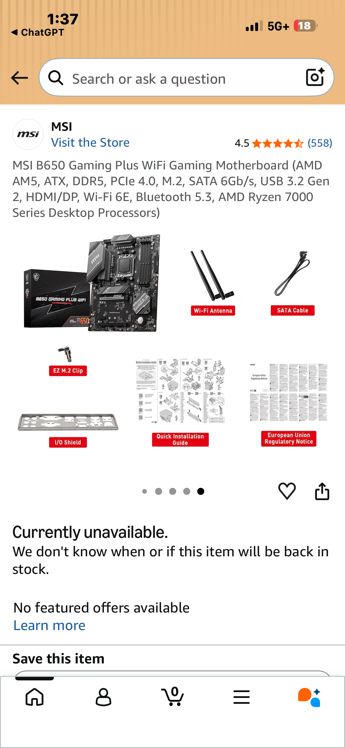 MSI B650 Gaming Plus WiFi Gaming Motherboard (AMD AM5, ATX, DDR5, PCle 4.0, M.2, SATA 6Gb/s, USB 3.2 Gen 2, HDMI/DP, Wi-Fi 6E, Bluetooth 5.3, AMD Ryzen 7000 Series Desktop Processors)