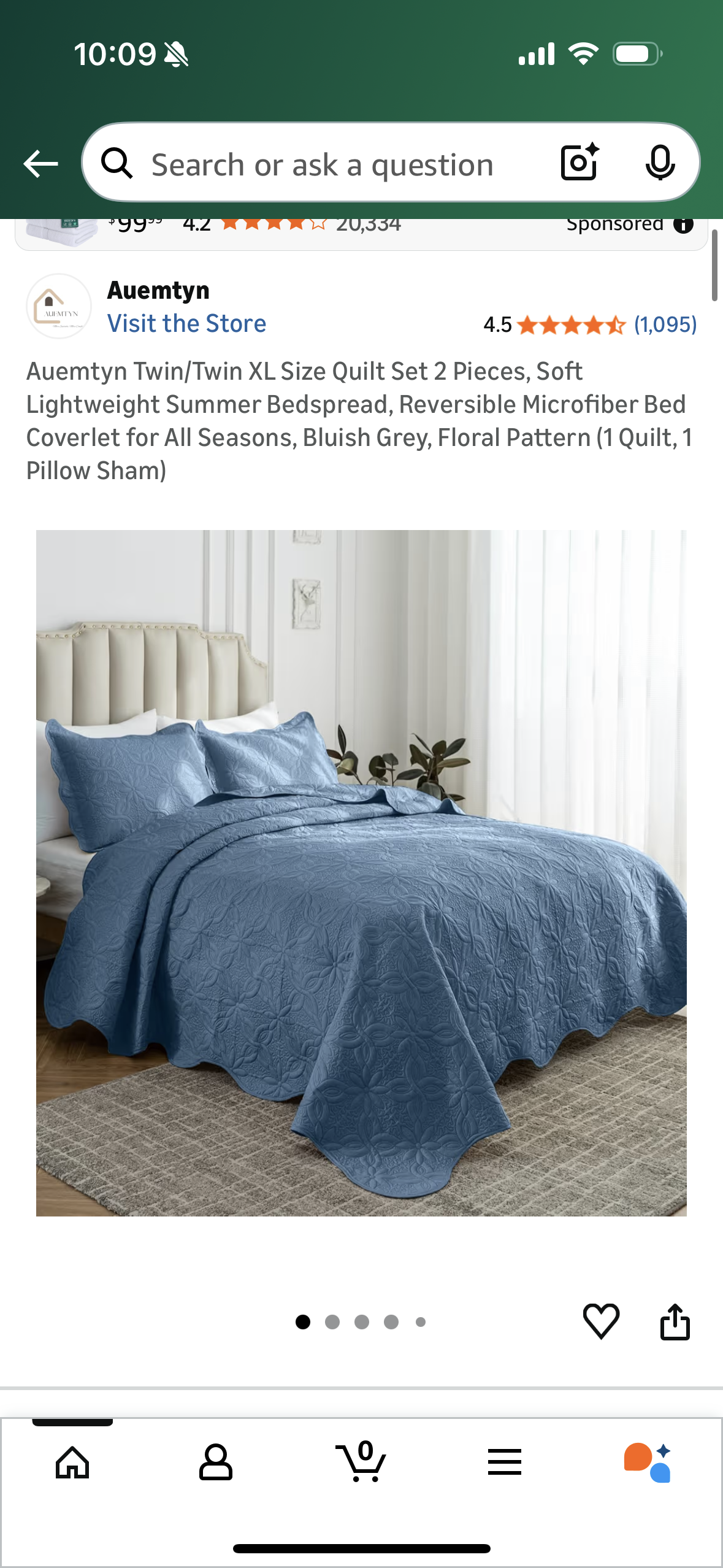 Auemtyn Twin/Twin XL Size Quilt Set 2 Pieces, Soft Lightweight Summer Bedspread, Reversible Microfiber Bed Coverlet for All Seasons, Spa Blue, Cloud-Floral Pattern (1 Quilt, 1 Pillow Sham)