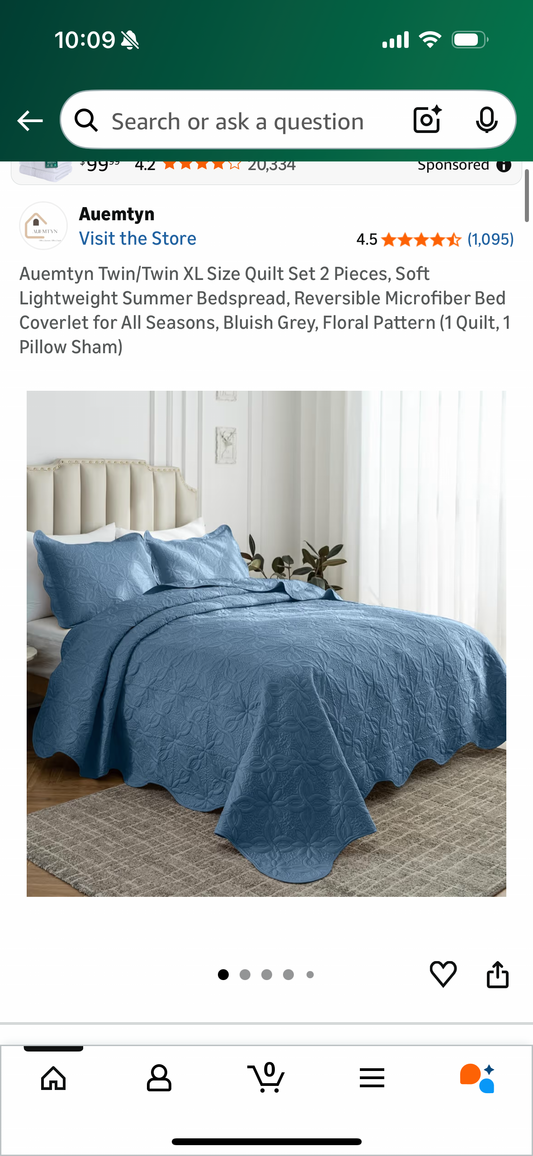 Auemtyn Twin/Twin XL Size Quilt Set 2 Pieces, Soft Lightweight Summer Bedspread, Reversible Microfiber Bed Coverlet for All Seasons, Spa Blue, Cloud-Floral Pattern (1 Quilt, 1 Pillow Sham)