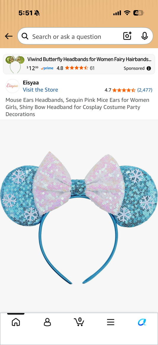 Mouse Ears Headbands, Sequin Pink Mice Ears for Women Girls, Shiny Bow Headband for Cosplay Costume Party Decorations