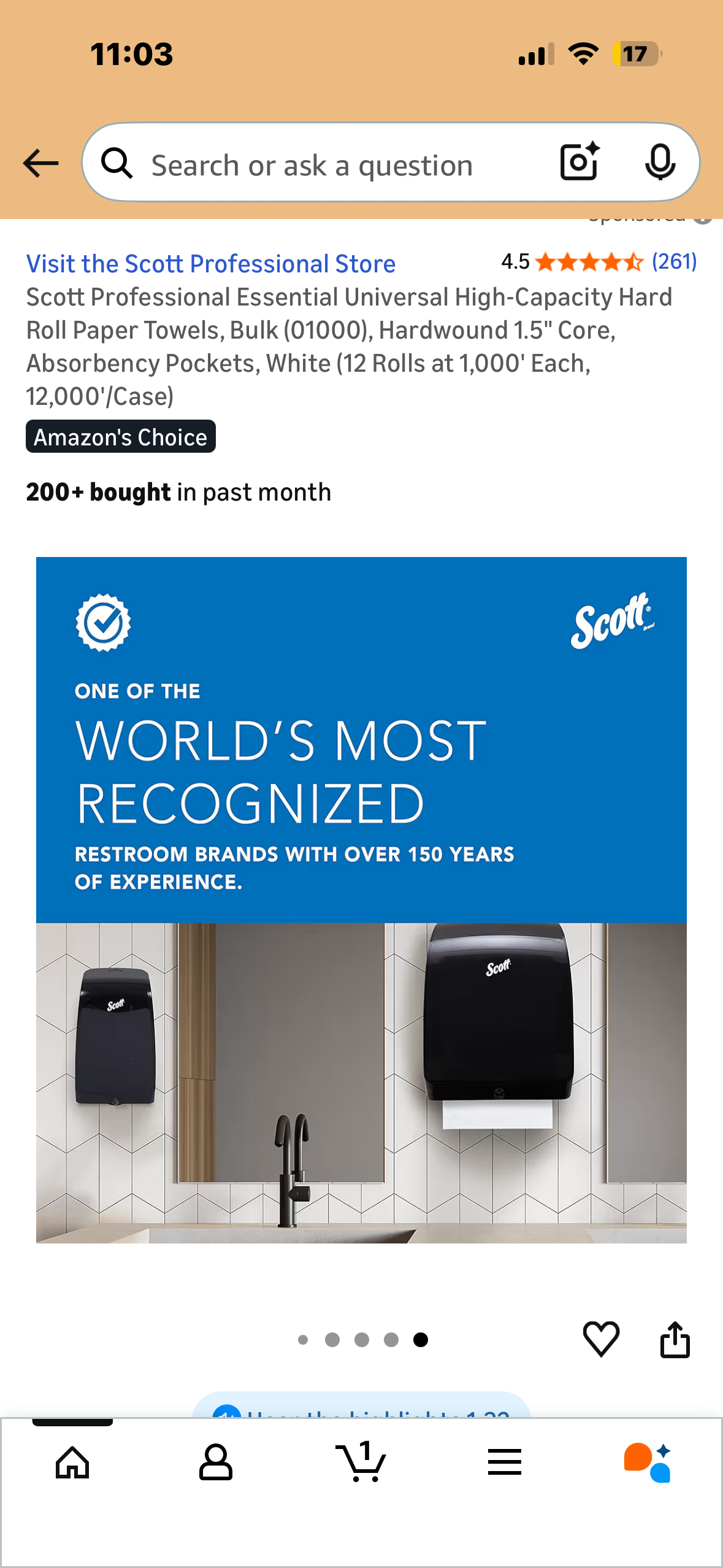 Scott Professional Essential Universal High-Capacity Hard Roll Paper Towels, Bulk (01000), Hardwound 1.5" Core, Absorbency Pockets, White (12 Rolls at 1,000' Each) (B1198)