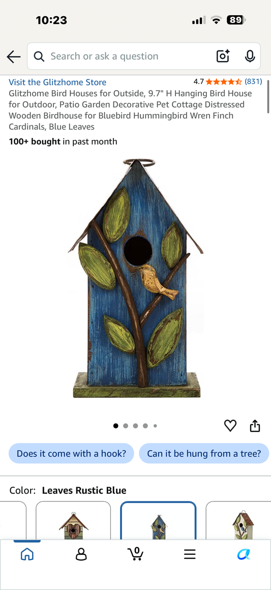 Glitzhome Bird Houses for Outside, 9.7" H Hanging Bird House for Outdoor, Patio Garden Decorative Pet Cottage Distressed Wooden Birdhouse for Bluebird Hummingbird Wren Finch Cardinals, Blue Leaves