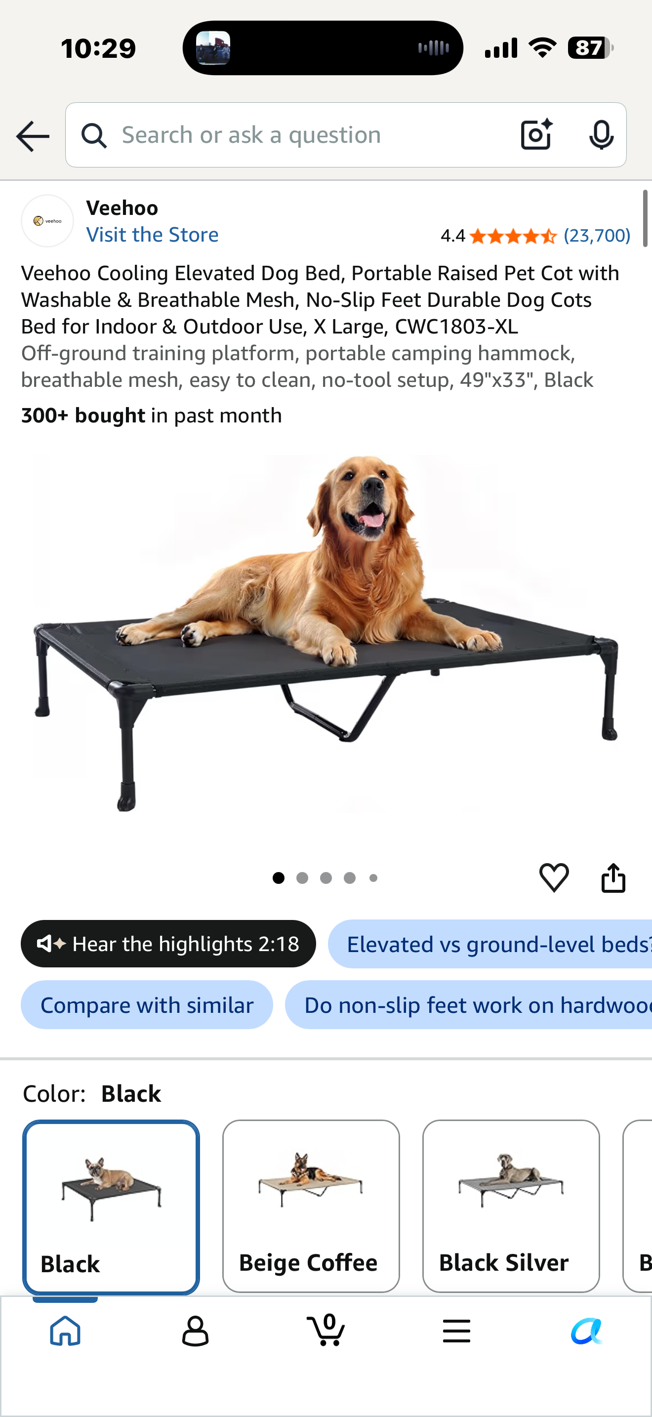 Veehoo Cooling Elevated Dog Bed, Portable Raised Pet Cot with Washable & Breathable Mesh, No-Slip Feet Durable Dog Cots Bed for Indoor & Outdoor Use, X Large, CWC1803-XL Off-ground training platform, portable camping hammock 49"x33", Black