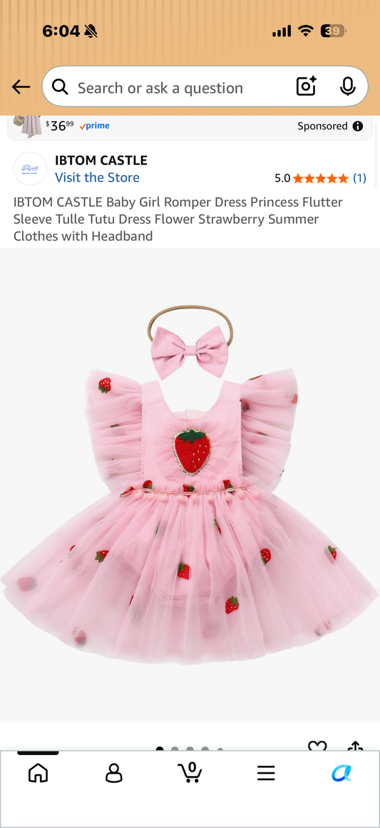 Baby Girl Romper Dress Princess Flutter Sleeve Tulle Tutu Dress Flower Strawberry Summer Clothes with Headband(Age 3-6 months)