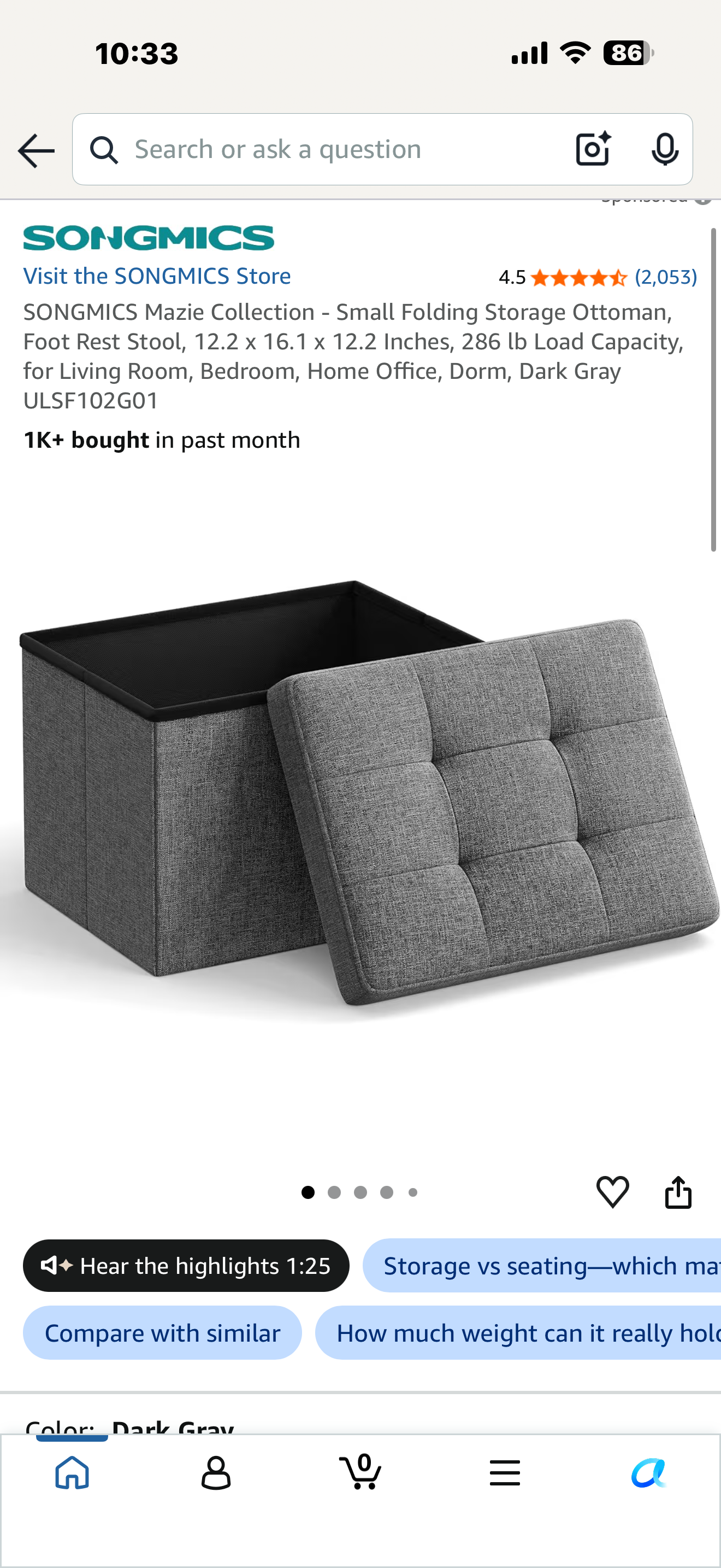 SONGMICS Mazie Collection - Small Folding Storage Ottoman, Foot Rest Stool, 12.2 x 16.1 x 12.2 Inches, 286 lb Load Capacity, for Living Room, Bedroom, Home Office, Dorm, Dark Gray ULSF102G01