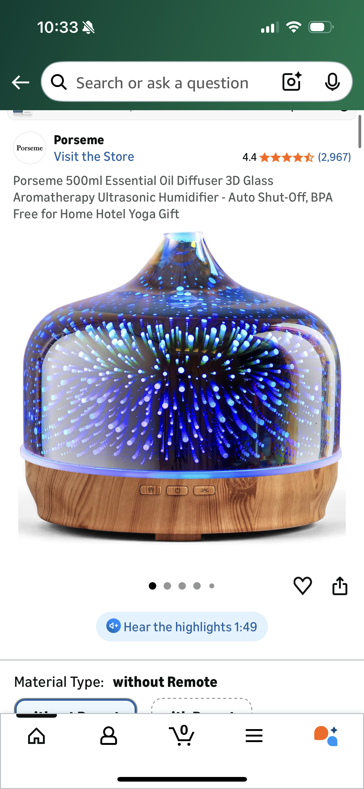 Porseme 500ml Essential Oil Diffuser 3D Glass Aromatherapy Ultrasonic Humidifier - Auto Shut-Off, BPA Free for Home Hotel Yoga Gift