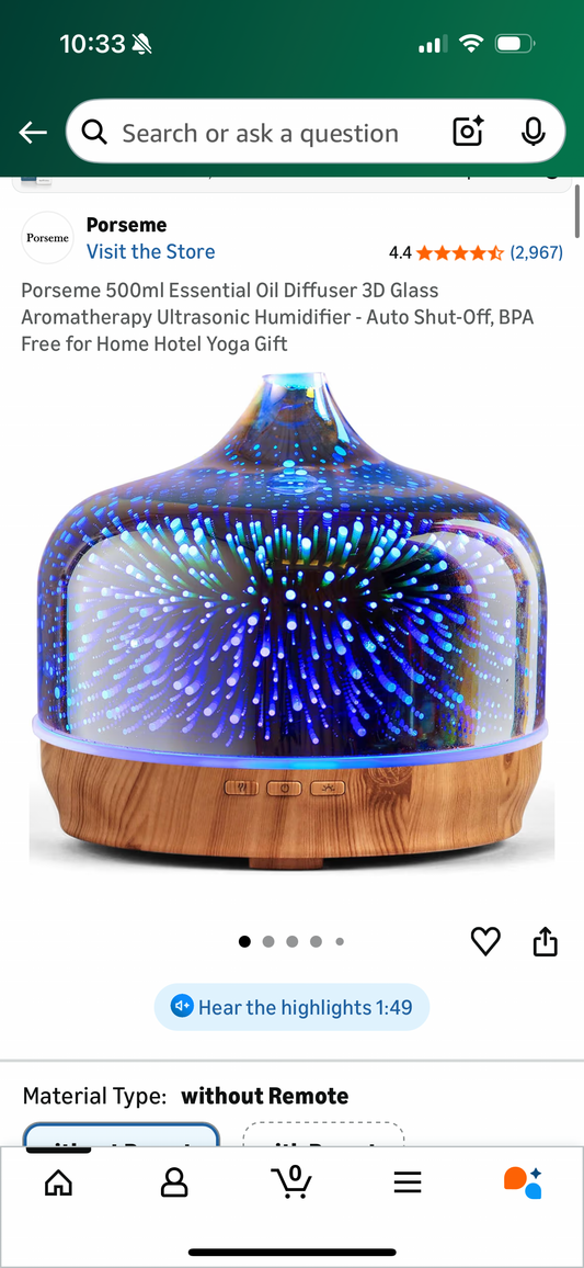 Porseme 500ml Essential Oil Diffuser 3D Glass Aromatherapy Ultrasonic Humidifier - Auto Shut-Off, BPA Free for Home Hotel Yoga Gift