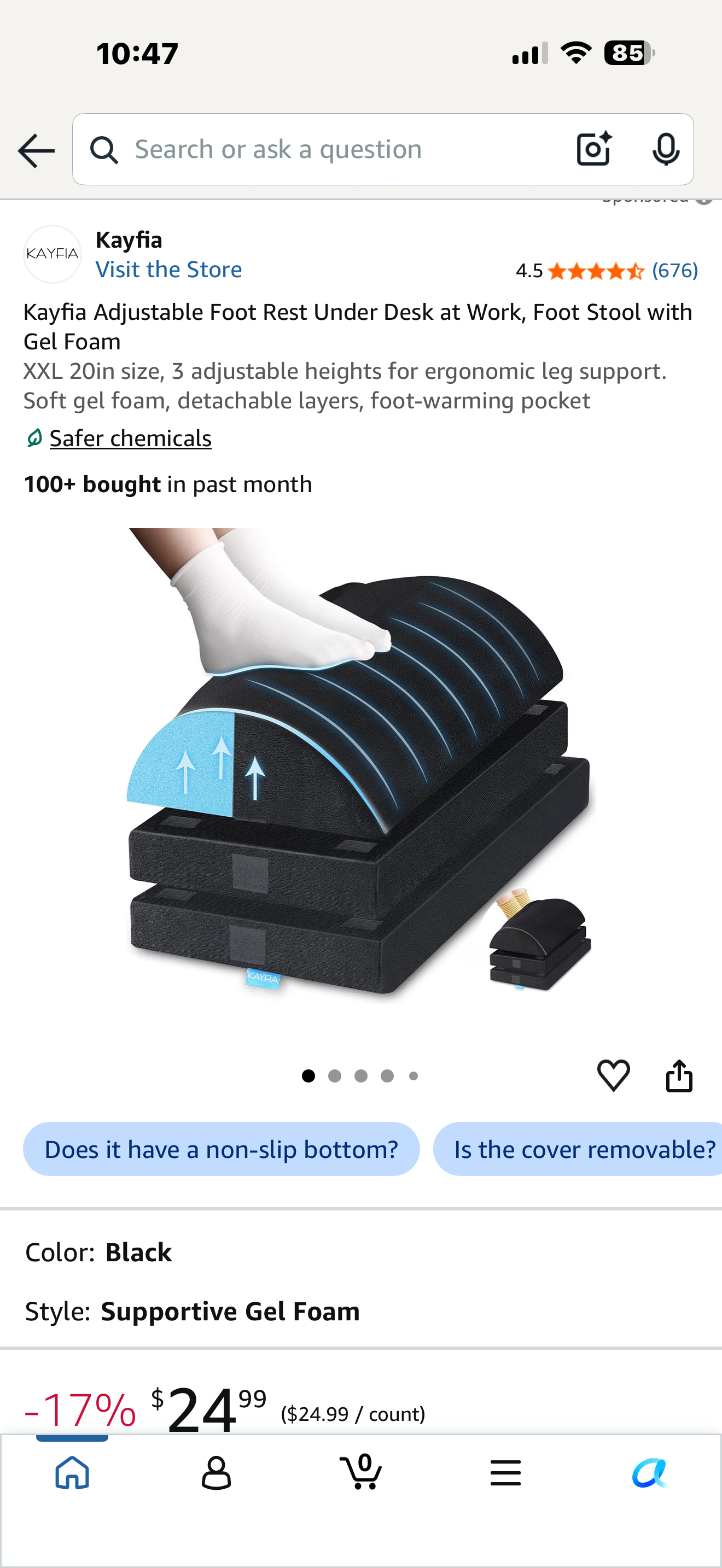 Kayfia Adjustable Foot Rest Under Desk at Work, Foot Stool with Gel Foam XXL 20in size, 3 adjustable heights for ergonomic leg support. Soft gel foam, detachable layers, foot-warming pocket