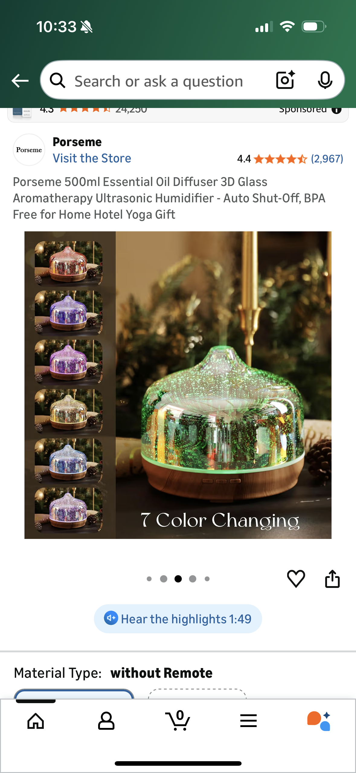 Porseme 500ml Essential Oil Diffuser 3D Glass Aromatherapy Ultrasonic Humidifier - Auto Shut-Off, BPA Free for Home Hotel Yoga Gift