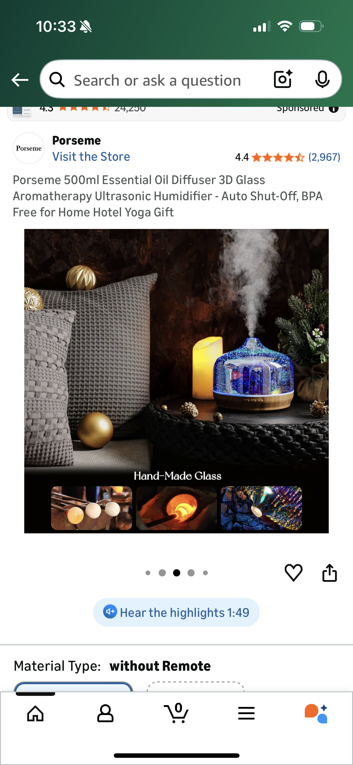 Porseme 500ml Essential Oil Diffuser 3D Glass Aromatherapy Ultrasonic Humidifier - Auto Shut-Off, BPA Free for Home Hotel Yoga Gift