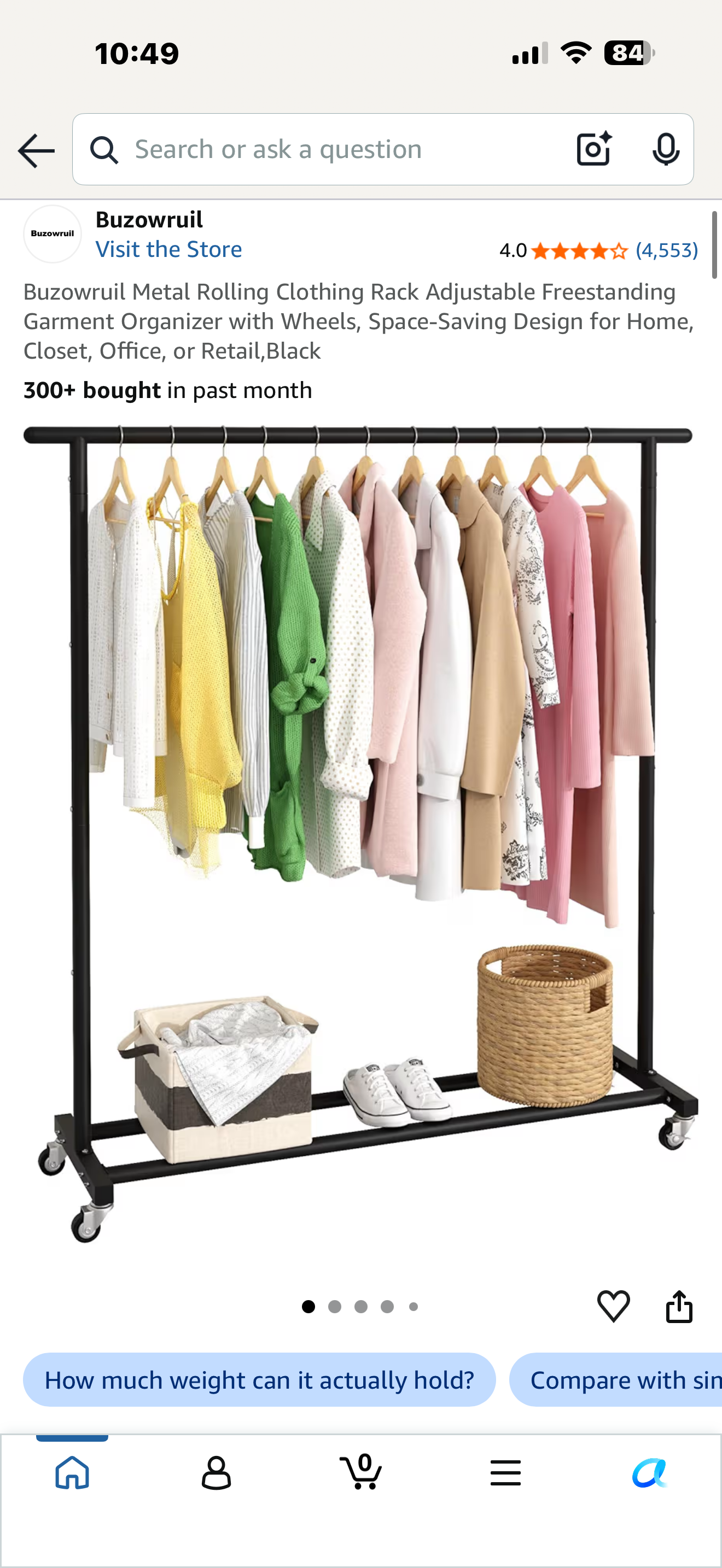 Buzowruil Metal Rolling Clothing Rack Adjustable Freestanding Garment Organizer with Wheels, Space-Saving Design for Home, Closet, Office, or Retail,Black