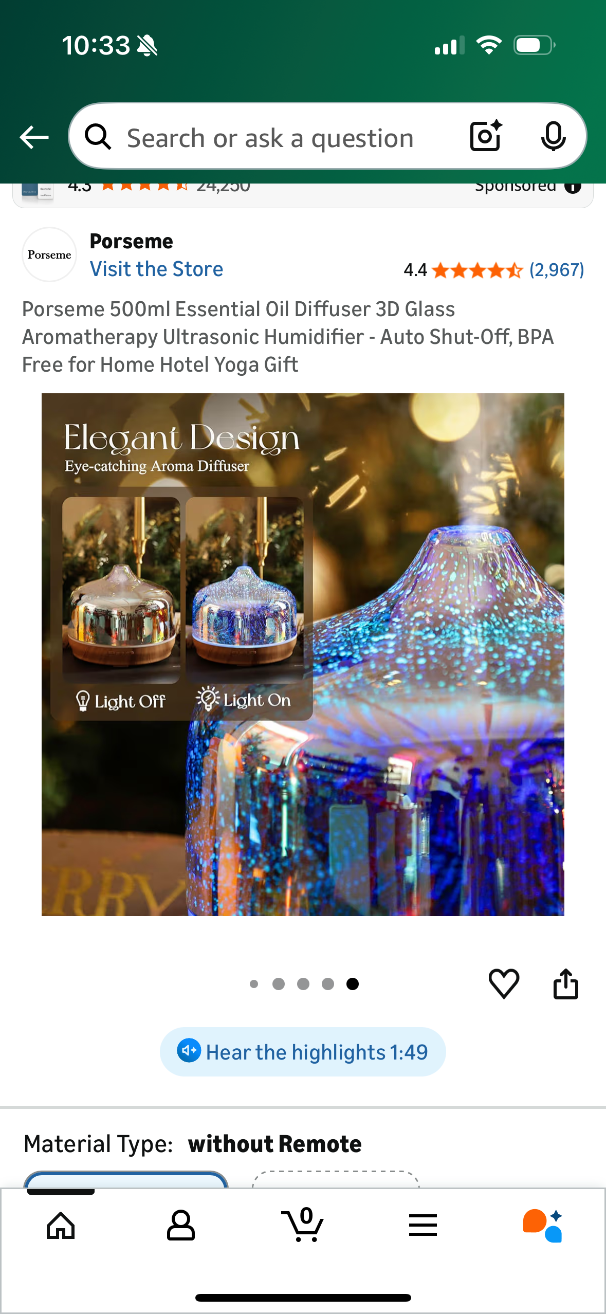 Porseme 500ml Essential Oil Diffuser 3D Glass Aromatherapy Ultrasonic Humidifier - Auto Shut-Off, BPA Free for Home Hotel Yoga Gift