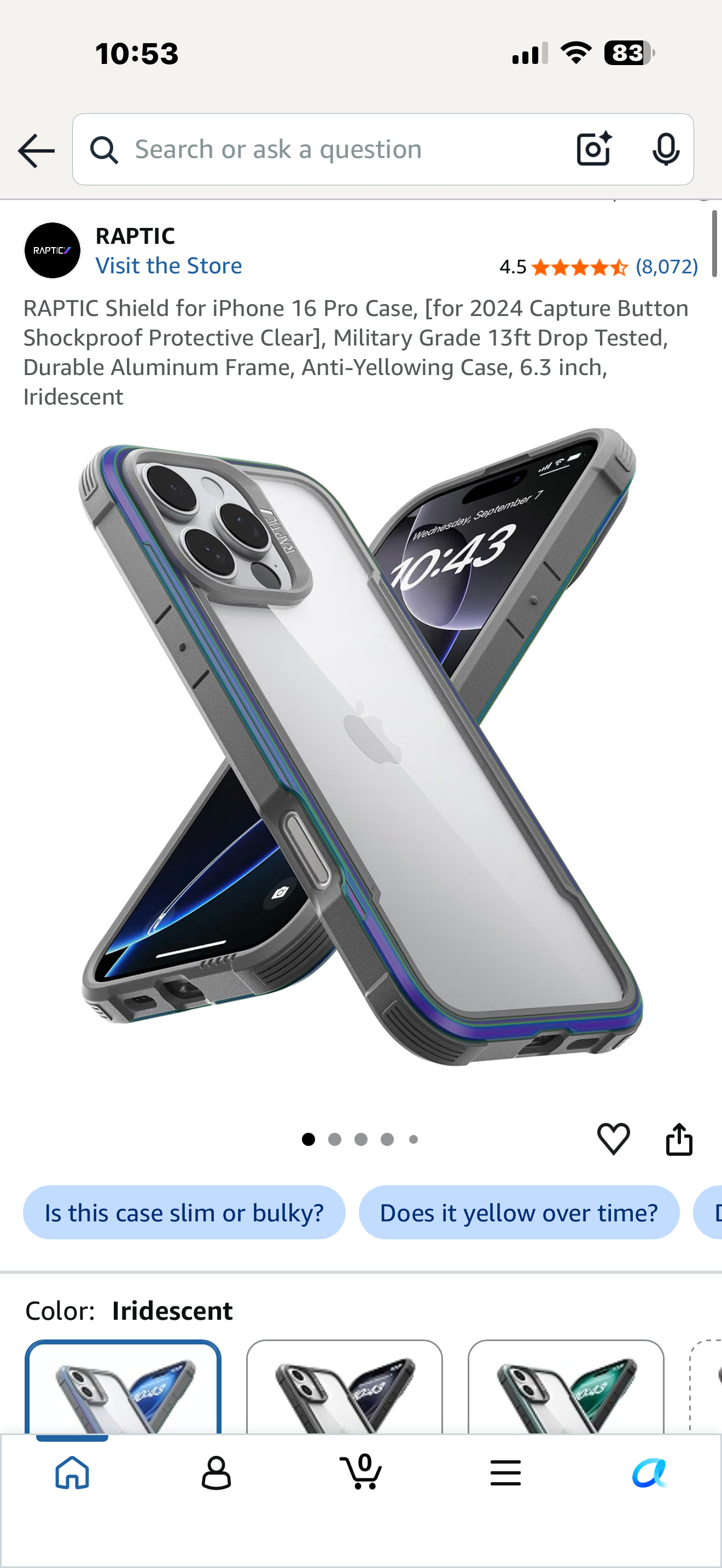 RAPTIC Shield for iPhone 16 Pro Case, Military Grade 13ft Drop Tested, Durable Aluminum Frame, Anti-Yellowing Case, 6.3 inch, Iridescent