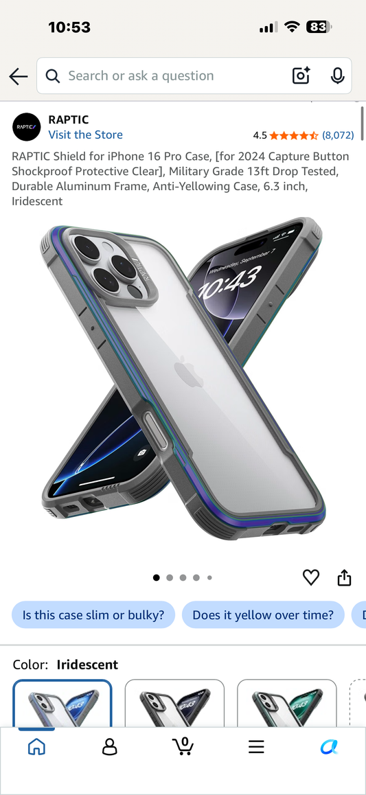 RAPTIC Shield for iPhone 16 Pro Case, Military Grade 13ft Drop Tested, Durable Aluminum Frame, Anti-Yellowing Case, 6.3 inch, Iridescent