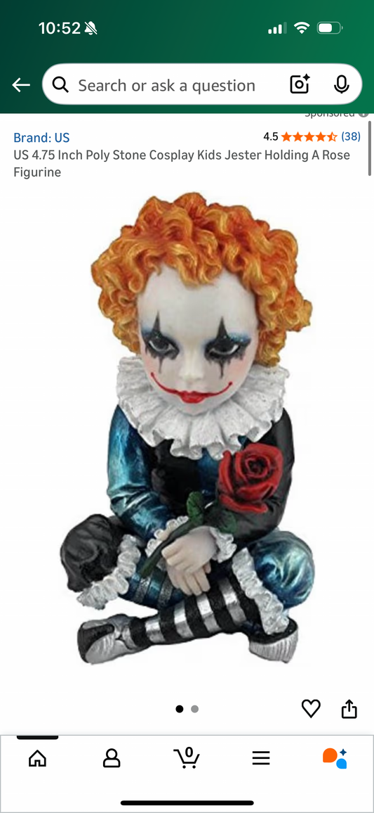 US 4.75 Inch Poly Stone Cosplay Kids Jester Holding A Rose Figurine