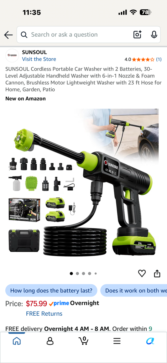 SUNSOUL Cordless Portable Car Washer with 2 Batteries, 30-Level Adjustable Handheld Washer with 6-in-1 Nozzle & Foam Cannon, Brushless Motor Lightweight Washer with 23 ft Hose for Home, Garden, Patio