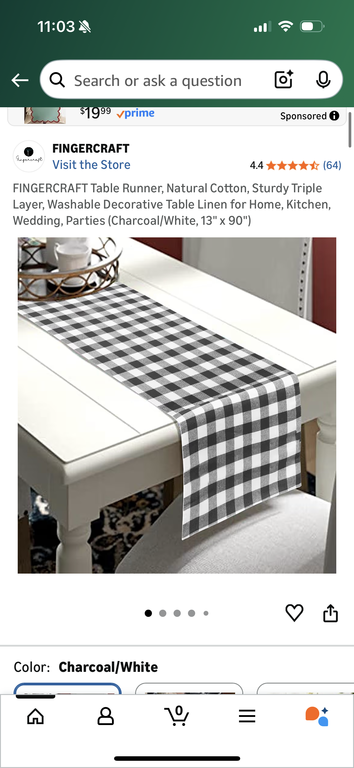 FINGERCRAFT Table Runner, Natural Cotton, Sturdy Triple Layer, Washable Decorative Table Linen for Home, Kitchen, Wedding, Parties (Charcoal/White, 13" x 90")