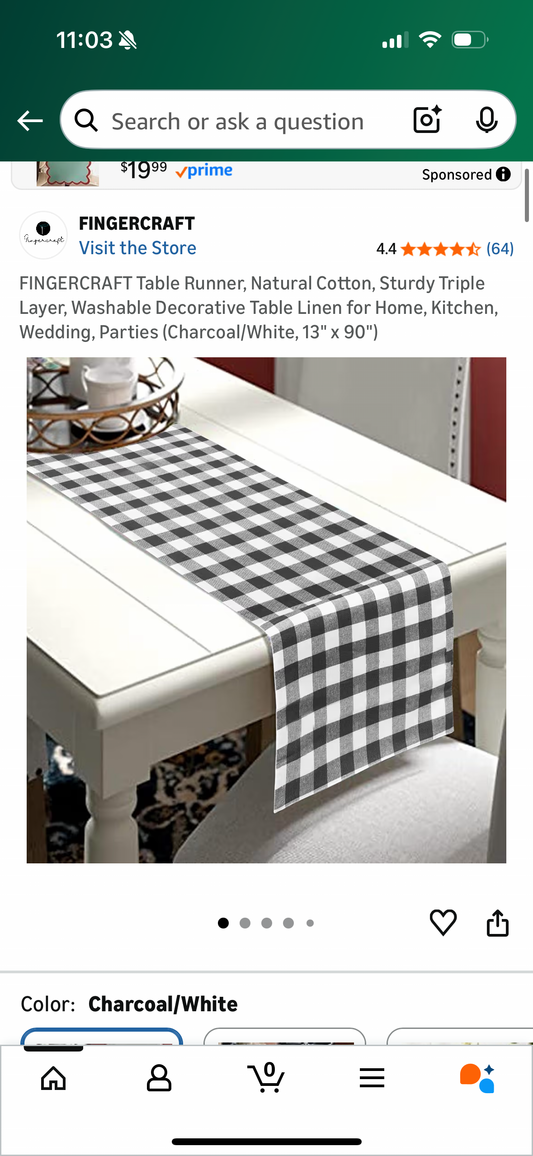 FINGERCRAFT Table Runner, Natural Cotton, Sturdy Triple Layer, Washable Decorative Table Linen for Home, Kitchen, Wedding, Parties (Charcoal/White, 13" x 90")