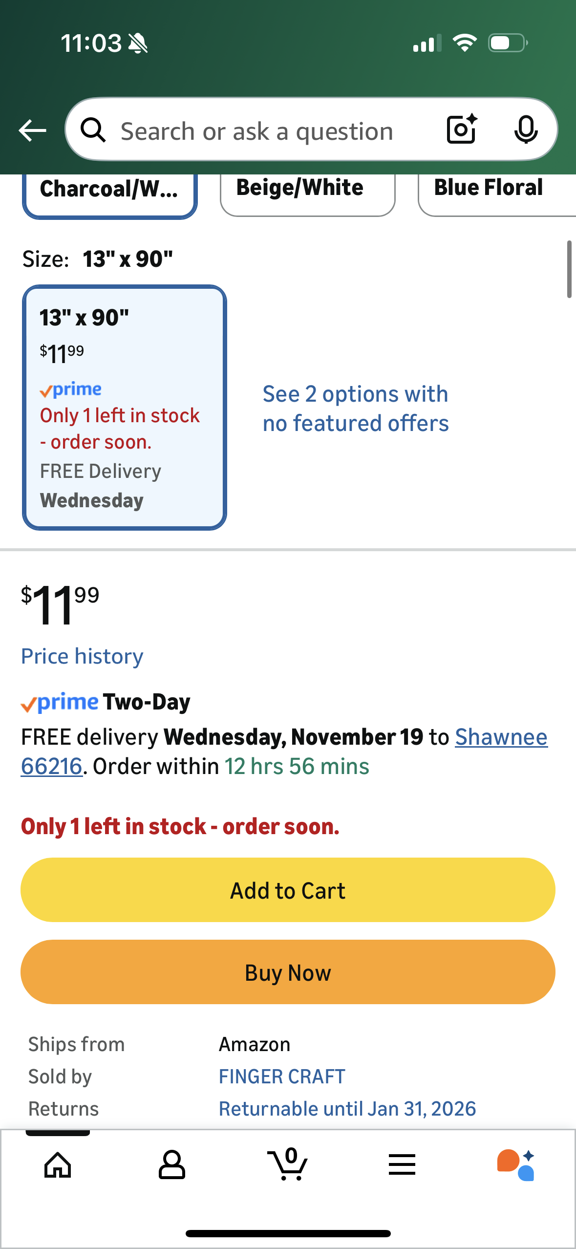 FINGERCRAFT Table Runner, Natural Cotton, Sturdy Triple Layer, Washable Decorative Table Linen for Home, Kitchen, Wedding, Parties (Charcoal/White, 13" x 90")