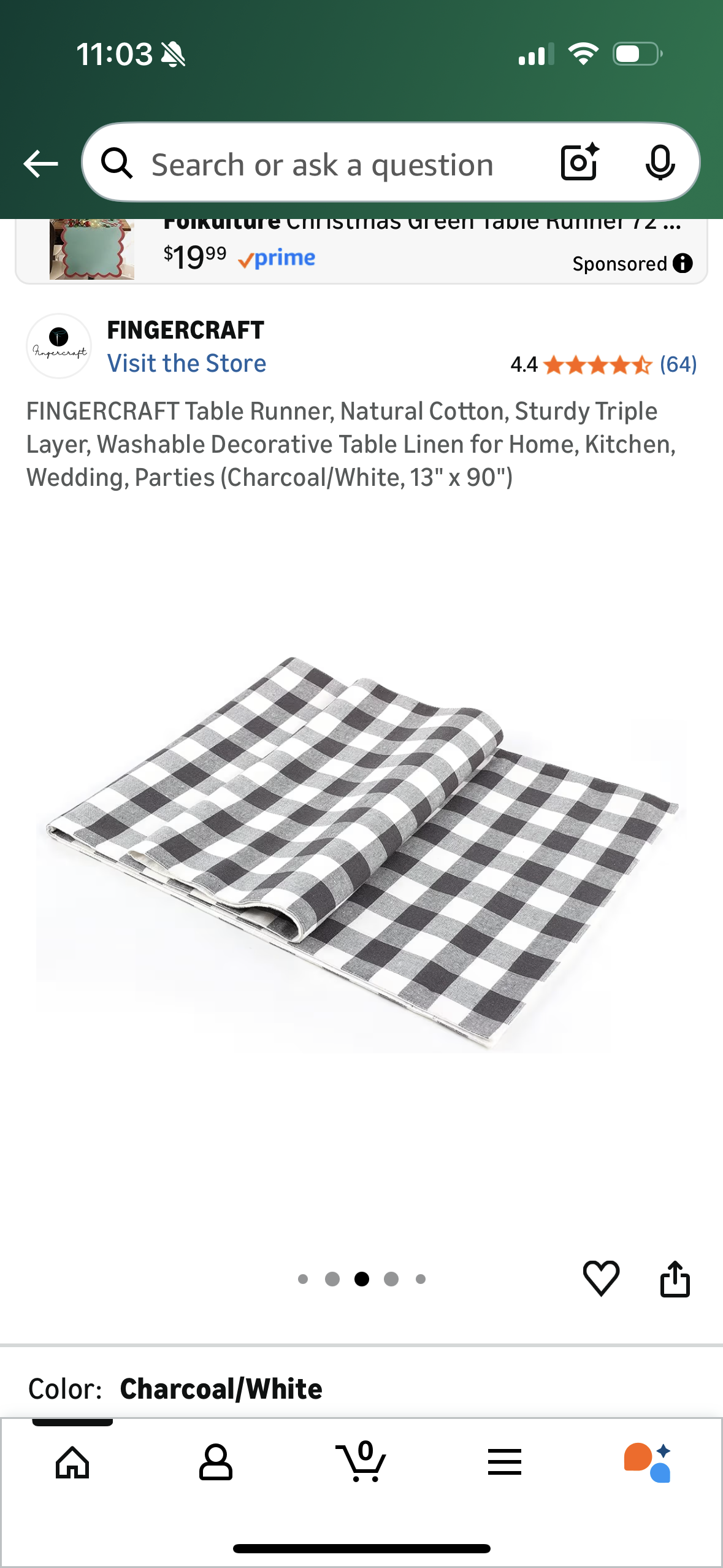 FINGERCRAFT Table Runner, Natural Cotton, Sturdy Triple Layer, Washable Decorative Table Linen for Home, Kitchen, Wedding, Parties (Charcoal/White, 13" x 90")