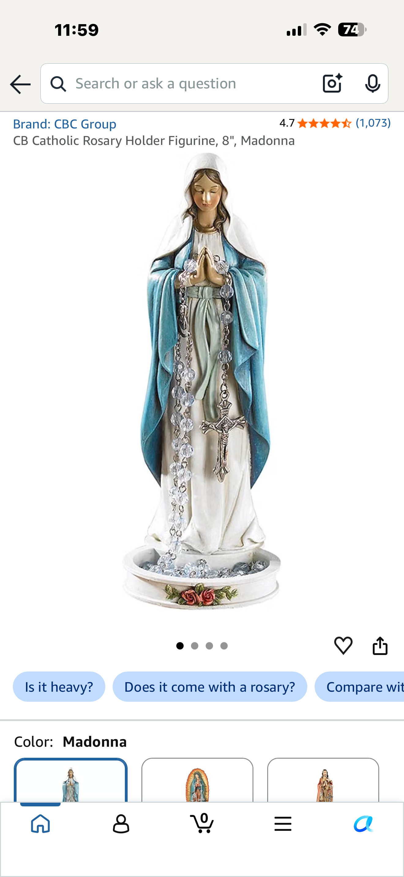 CB Catholic Rosary Holder Figurine, 8", Madonna