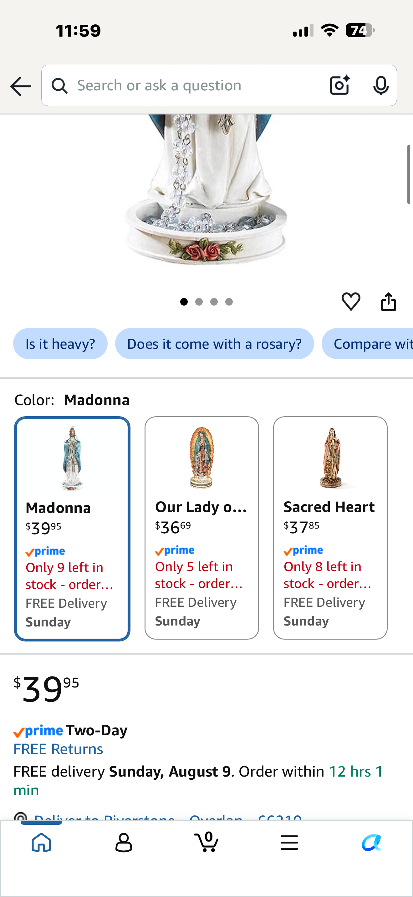 CB Catholic Rosary Holder Figurine, 8", Madonna